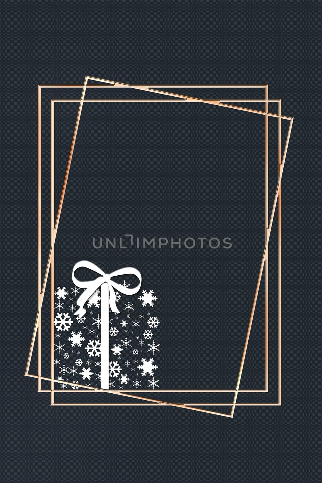 Elegant luxury Christmas New Year background with abstract pastel silver gift box made from snowflakes on black background with gold frames. 3D illustration. Copy space, banner, poster