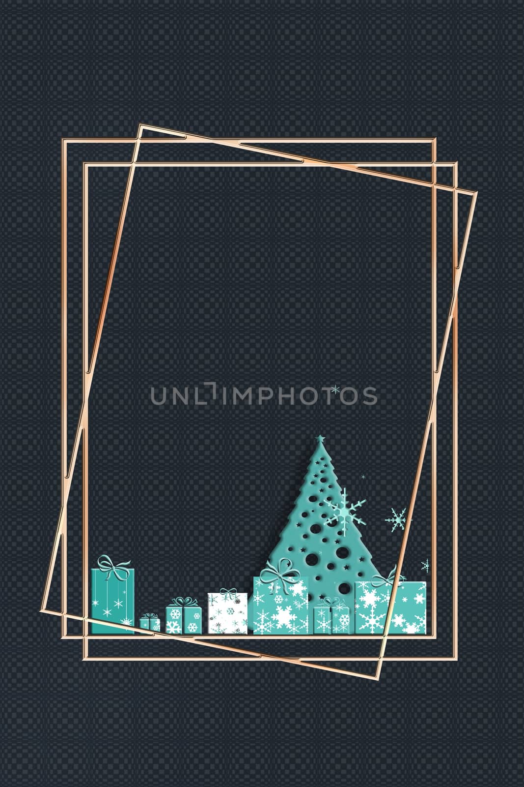 Elegant Christmas background with abstract gift boxes made from turquoise blue snowflakes, Christmas tree and text Merry Christmas on white background. Copy space, 3D illustartion