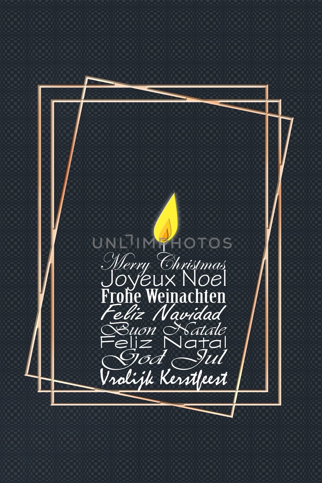 Luxury Merry Christmas wishes in multiple languages English, French, German, Portuguese, Italian, Spanish, Swedish and Dutch shape of candle on black background with gold frames. 3D illustration