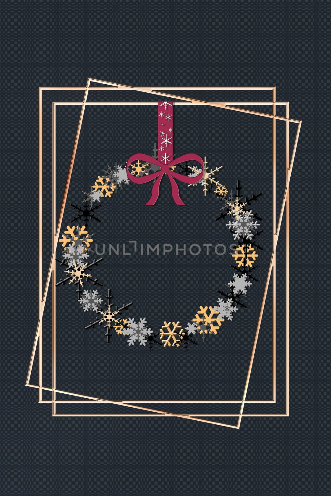 Merry Christmas card with golden, black and silver snowflakes in wreath shape on black background with golden frames. Merry Christmas luxury greeting card. 3D Illustration