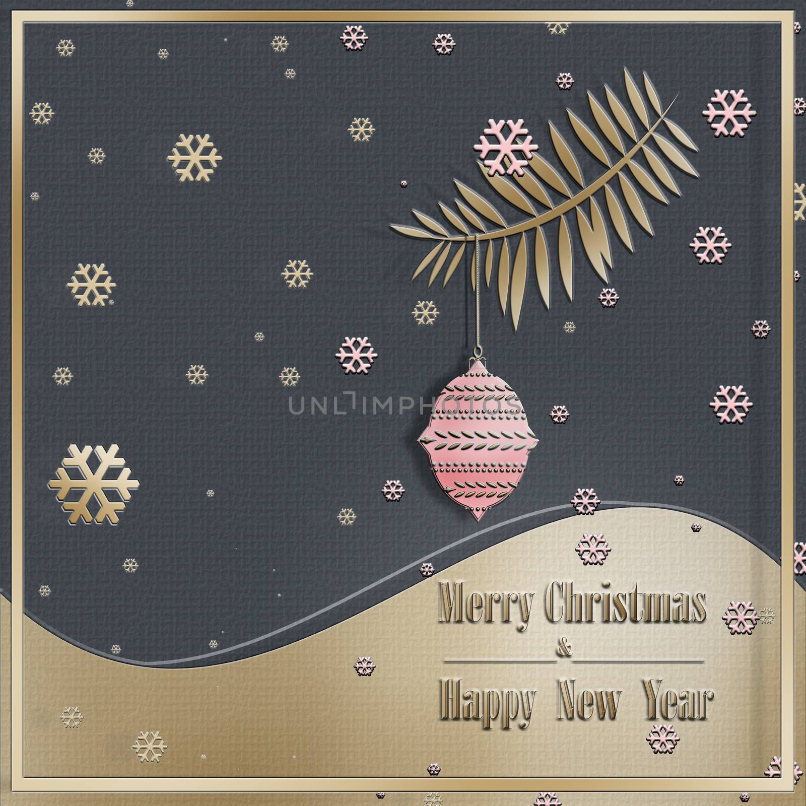 Peaceful trendy Christmas greeting card. Calm night on grey pink gold background, confetti, fire brunch, snowflakes and ball. Text Merry Christmas Happy New Year. Festive Pattern, Wallpaper. 3D illustration