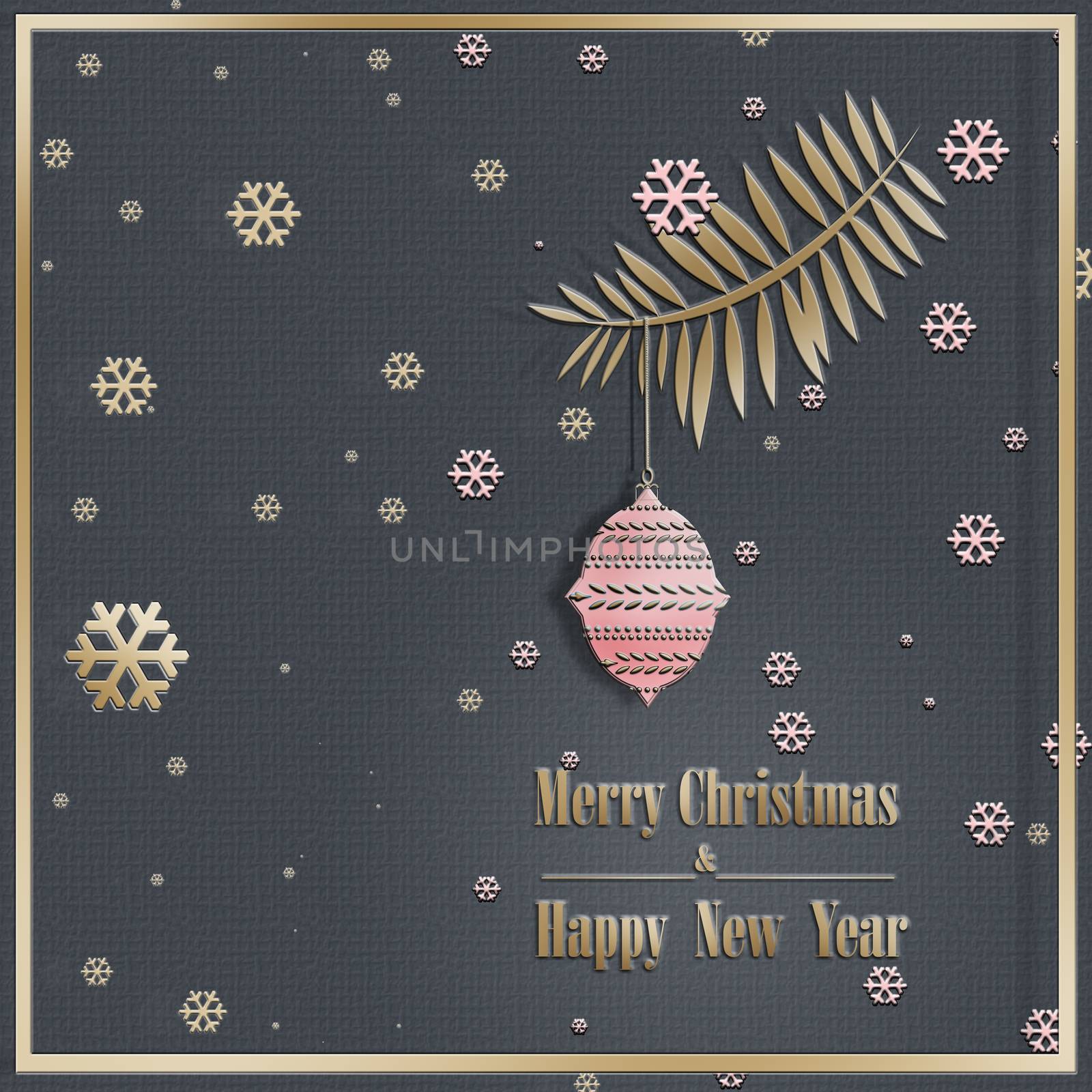 Peaceful trendy New year Christmas greeting card. Calm night on grey pink background, snowflakes, fire brunch with pink ball. Festive Winter Pattern, Wallpaper, Card, copy space, 3D illustratiion