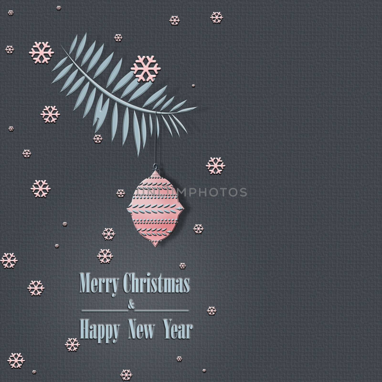 Peaceful trendy New year Christmas greeting card. Calm night on grey pastel background, snowflakes, fire brunch with pink ball. Festive Winter Pattern, Wallpaper, Fabric. copy space, 3D illustratiion