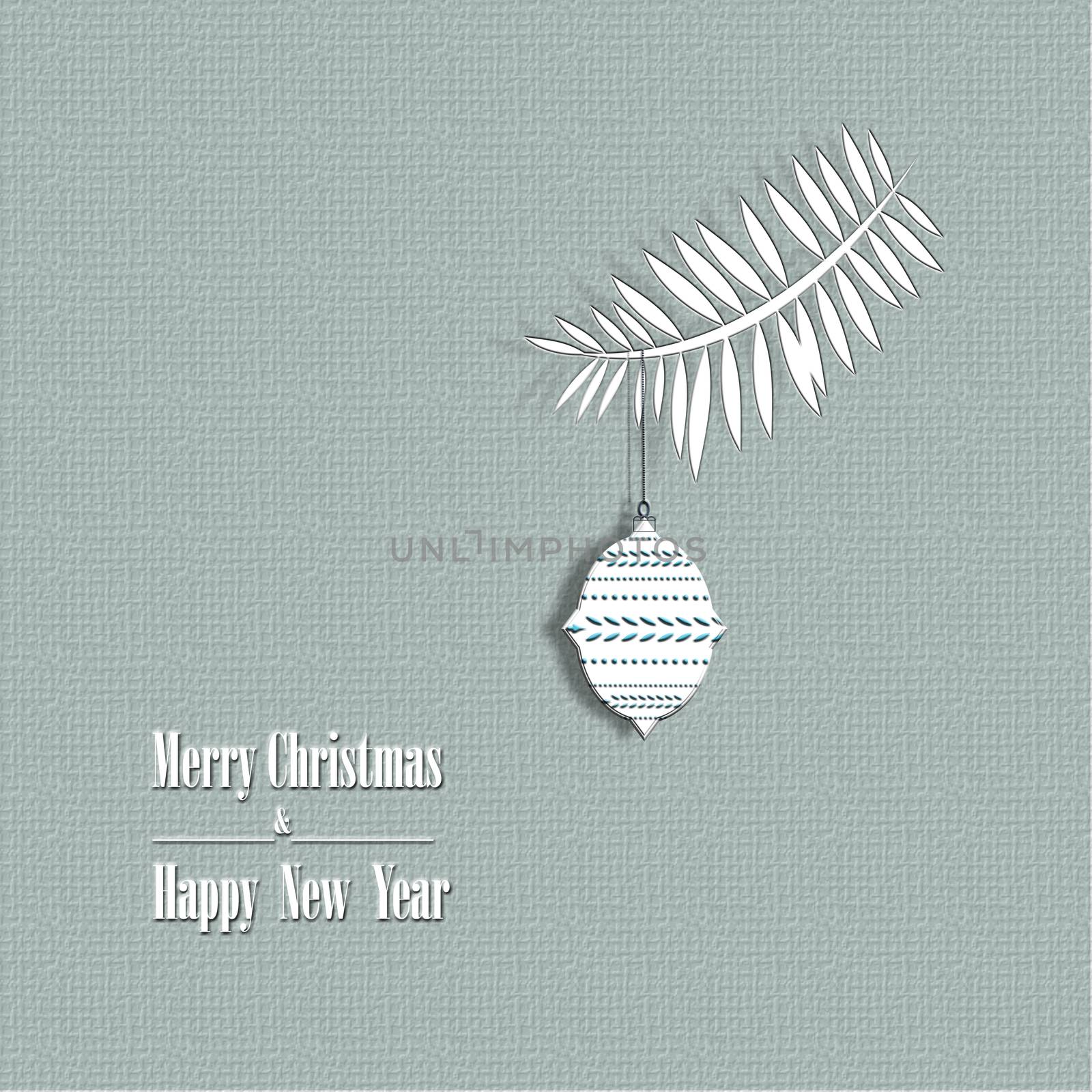 Minimalist pastel christmas card with christmas decoration ball and brunch of abstract tree and text Merry Christmas and Happy New Year. 3D illustration. invitation card