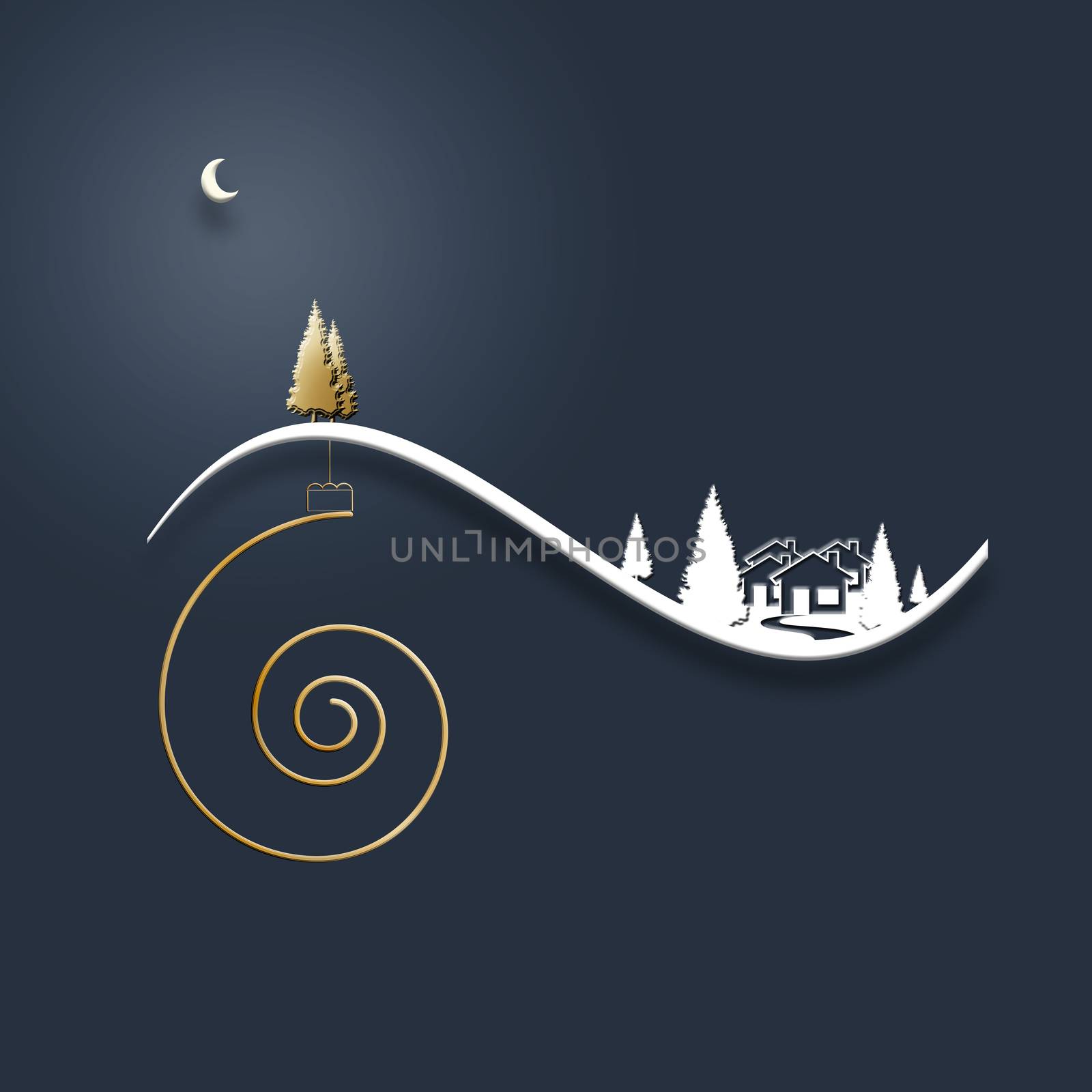 Beautiful stylish minimalist Christmas winter night landscape with snow, houses, moon, pine firs, shiny golden ball and gold Christmas trees on dark blue background. Design, poster. 3D Illustration
