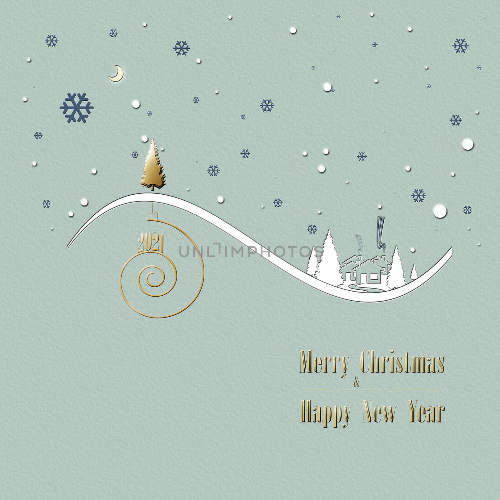 Beautiful stylish minimalist Christmas winter landscape with snow, houses, moon, pine fir, shiny text 2021 on golden spiral and gold Christmas trees on pastel green background. Poster. 3D Illustration