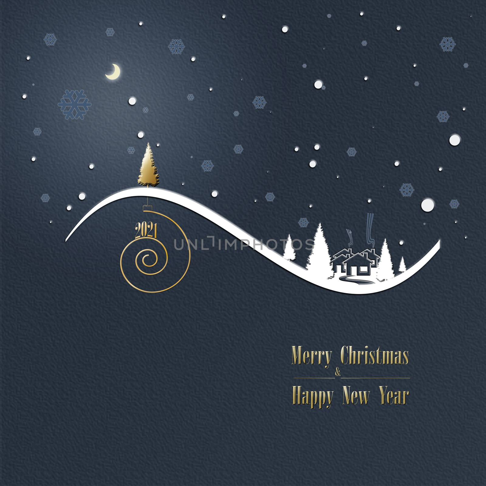 Beautiful stylish minimalist Christmas winter night landscape with snow, houses, moon, pine fir, shiny text 2021 on golden spiral and gold Christmas trees on dark blue background. Design, poster. 3D Illustration