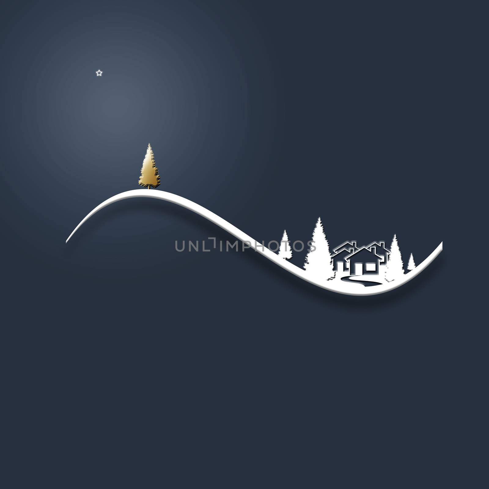 Beautiful stylish minimalist Christmas winter night landscape with snow, houses, star, pine fir and gold Christmas tree on dark blue background. Design, flyer, banner, poster, invitation. 3D Illustration
