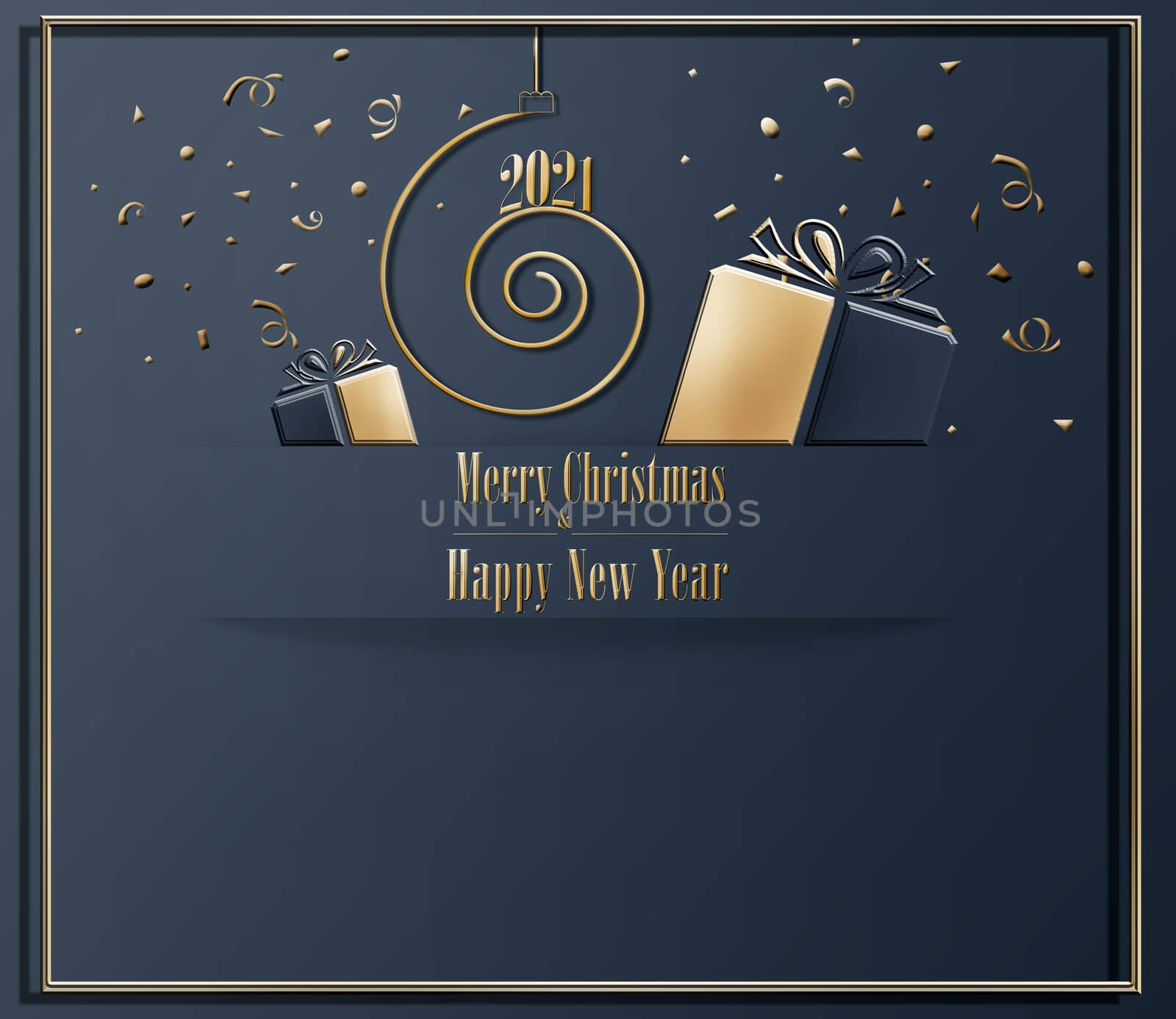 Elegant luxury stylish 2021 Merry Christmas Happy New Year card in dark blue colour with golden gift boxes, golden frame, sparkling confety and shiny 2021 on golden spiral. 3D Illustration
