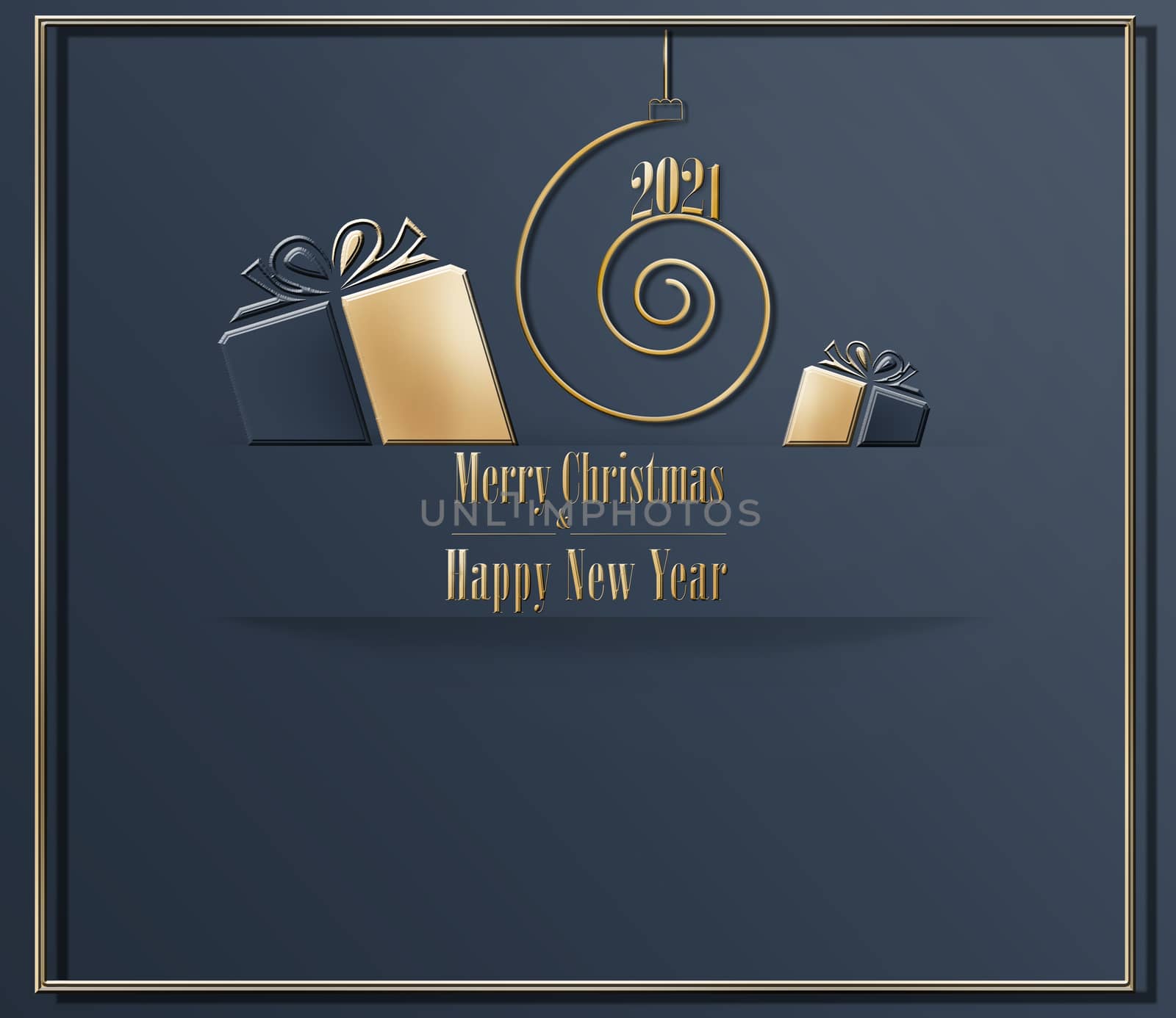 Elegant luxury stylish 2021 Merry Christmas Happy New Year card in dark blue colour with golden gift boxes, golden frame and shiny 2021 on golden spiral. 3D Illustration