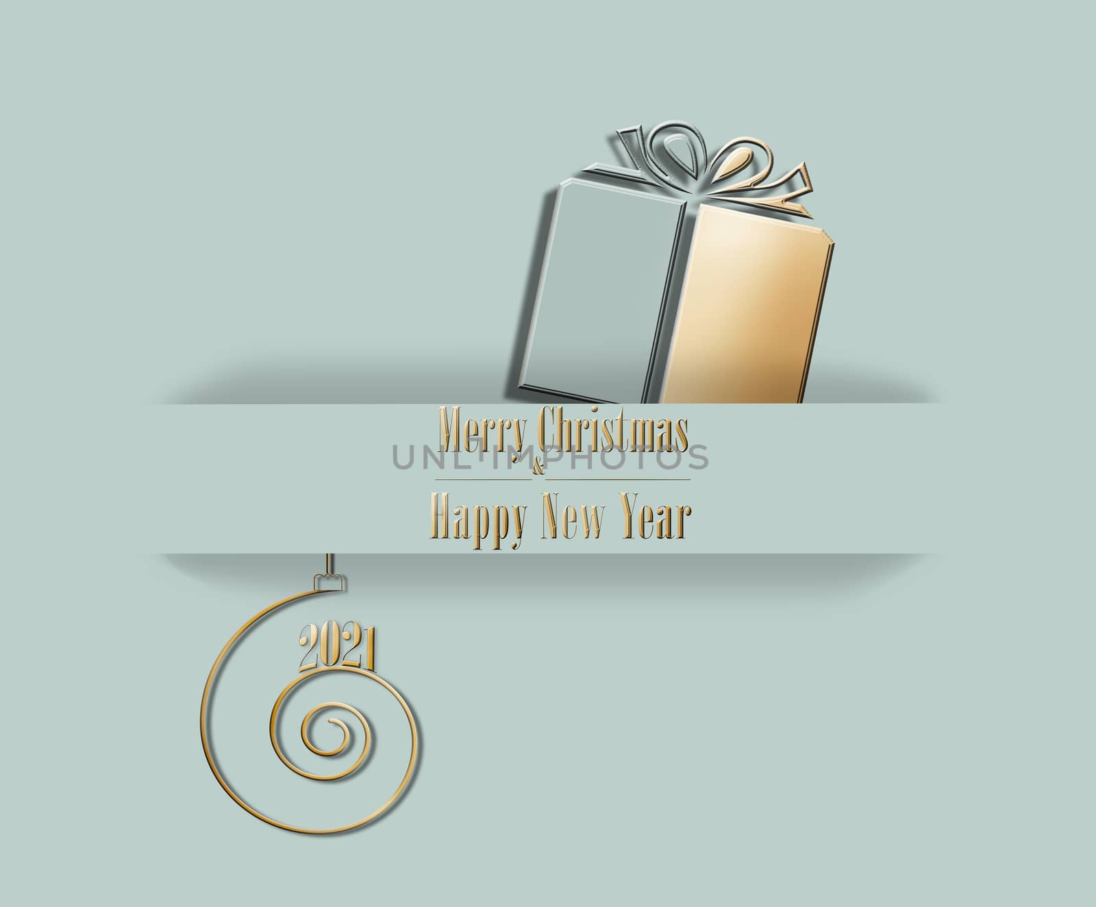 Elegant luxury 2021 Merry Christmas Happy New Year card in pastel green colour with golden green gift box, and shiny 2021 on golden spiral. 3D Illustration