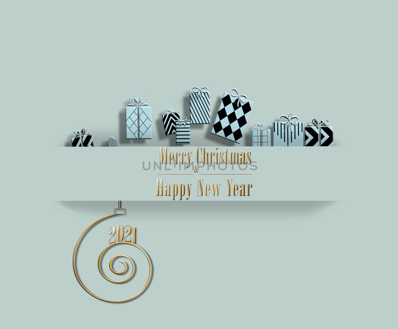 Elegant luxury contemporary Merry Christmas Happy New Year card with black gift boxes, shiny 2021 on golden spiral and text Merry Christmas and Happy New Year on pastel background. 3D illustration