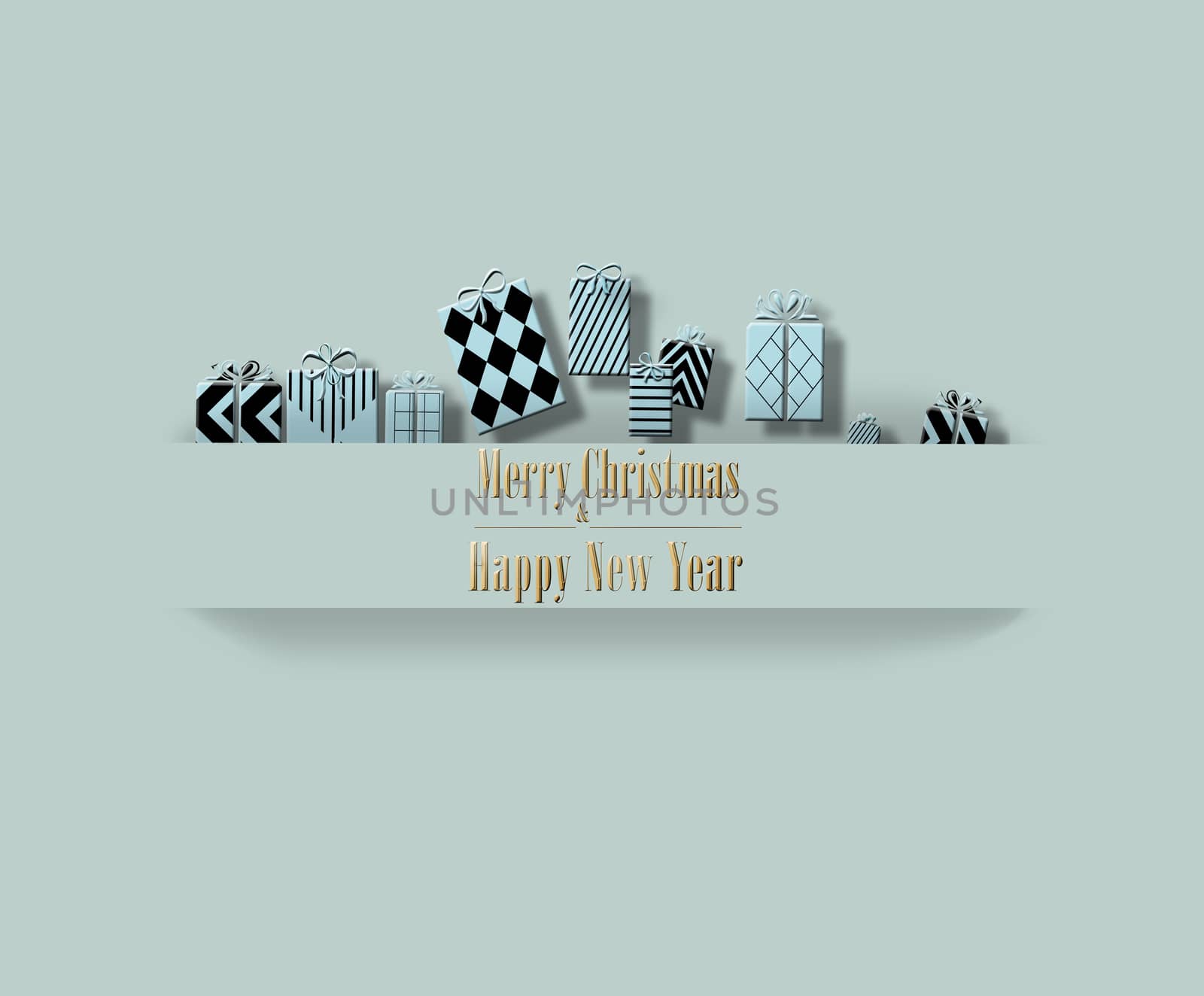 Elegant luxury contemporary Merry Christmas Happy New Year card with blue black gift boxes and text Merry Christmas and Happy New Year on pastel green background. 3D illustration