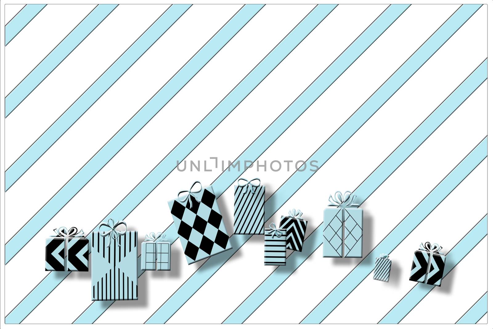 Luxury Gift boxes over winter blue stripy background. 3D Illustration. Happy birthday, Christmas, New Year, Wedding or Valentine Day gift package concept. 3d illustration