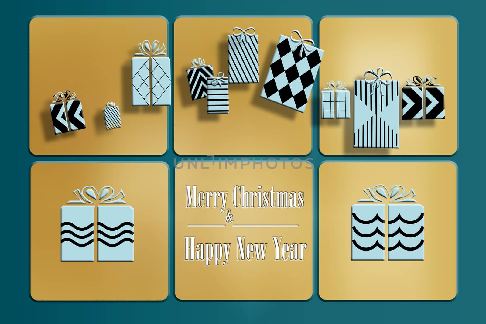 Luxury stylish set of Christmas gift boxes on trendy turquoise blue and gold background and text Merry Christmas and Happy New Year. 3D illustration, mock up, banner
