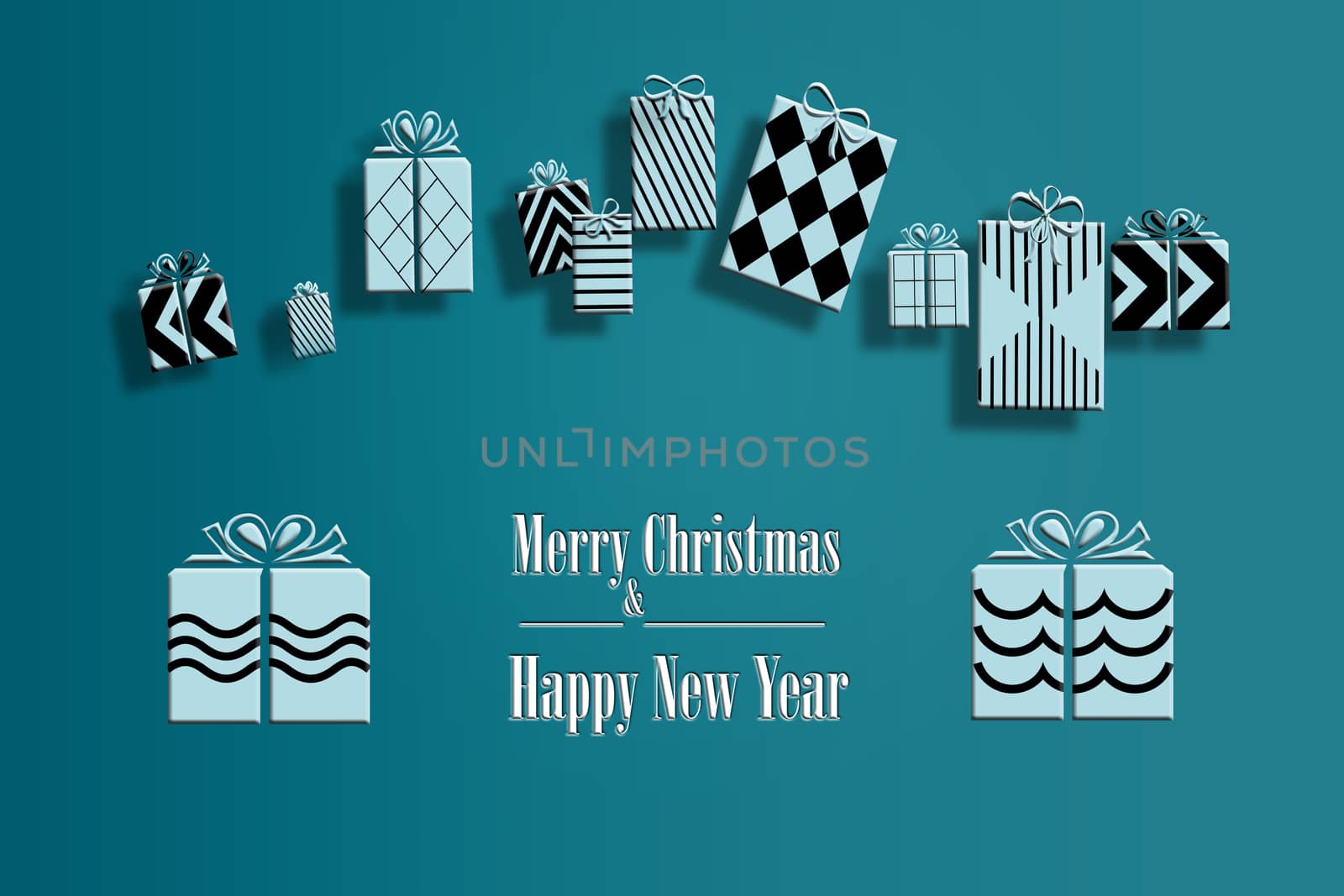 Luxury stylish set of Christmas gift boxes on trendy turquoise blue background and text Merry Christmas and Happy New Year. 3D illustration, mock up, banner