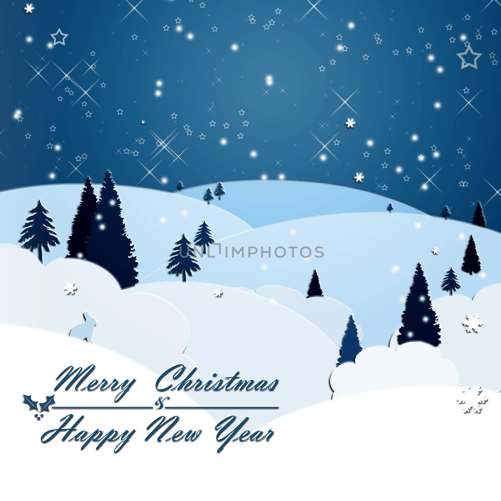 Christmas winter rural abstract landscape background with Christmas fir trees, snow, snowflakes and text on white blue colour. Merry Christmas and Happy New Year. Digital art style. 3D Illustration