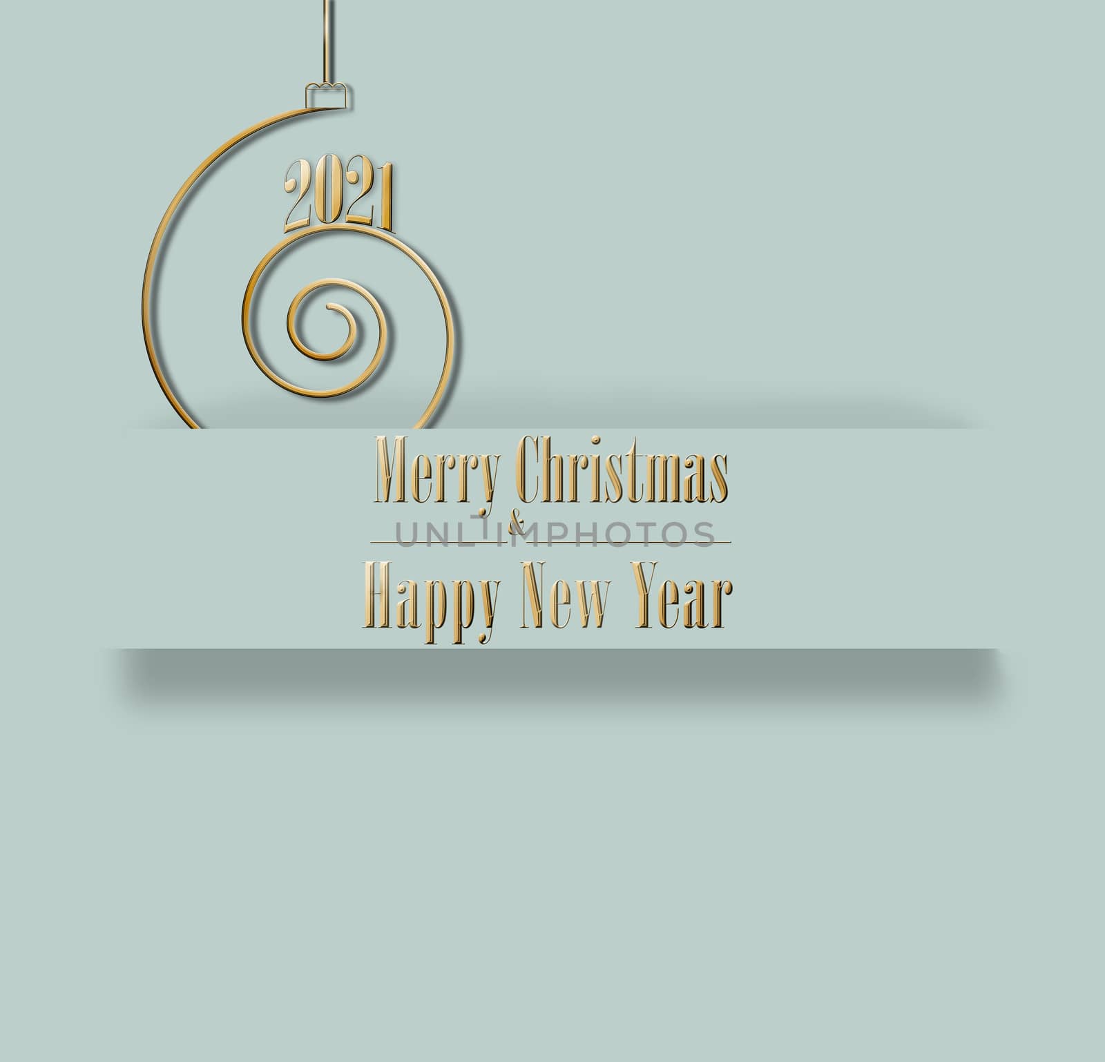 Elegant luxury minimalist 2021 Merry Christmas and Happy New Year card in pastel green colour with golden text and golden spiral with 2021. 3D Illustration