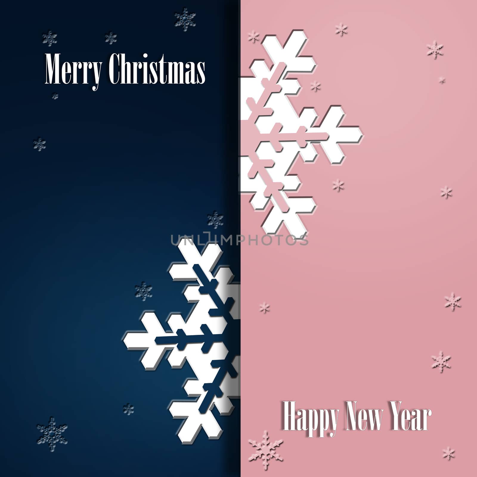 Minimalist Christmas Poster Template in dark blue, trendy romantic pink Color with white snowflakes. Text Merry Christmas and Happy New Year. Luxury, Elegant, Modern Style. 3D illustration