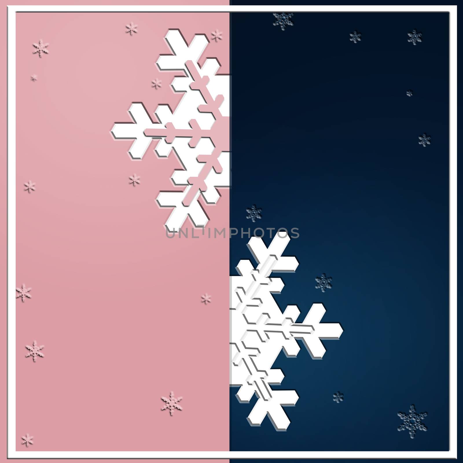 Minimalist Christmas Poster Template in dark blue, trendy pink Color with white snowflakes. Strict, Luxury, Elegant, Modern Style. 3D illustration