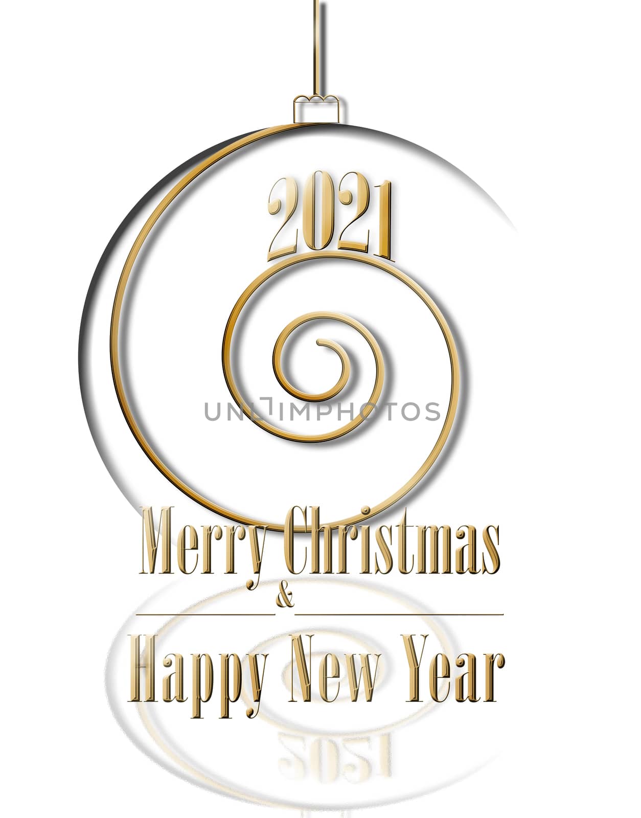 Luxury elegant trendy 2021 Christmas greeting card. Golden shiny 2021 spiral ball on white background, text Merry Christmas, Happy New Year. Mock up, banner, invitation, business card. 3D illustration