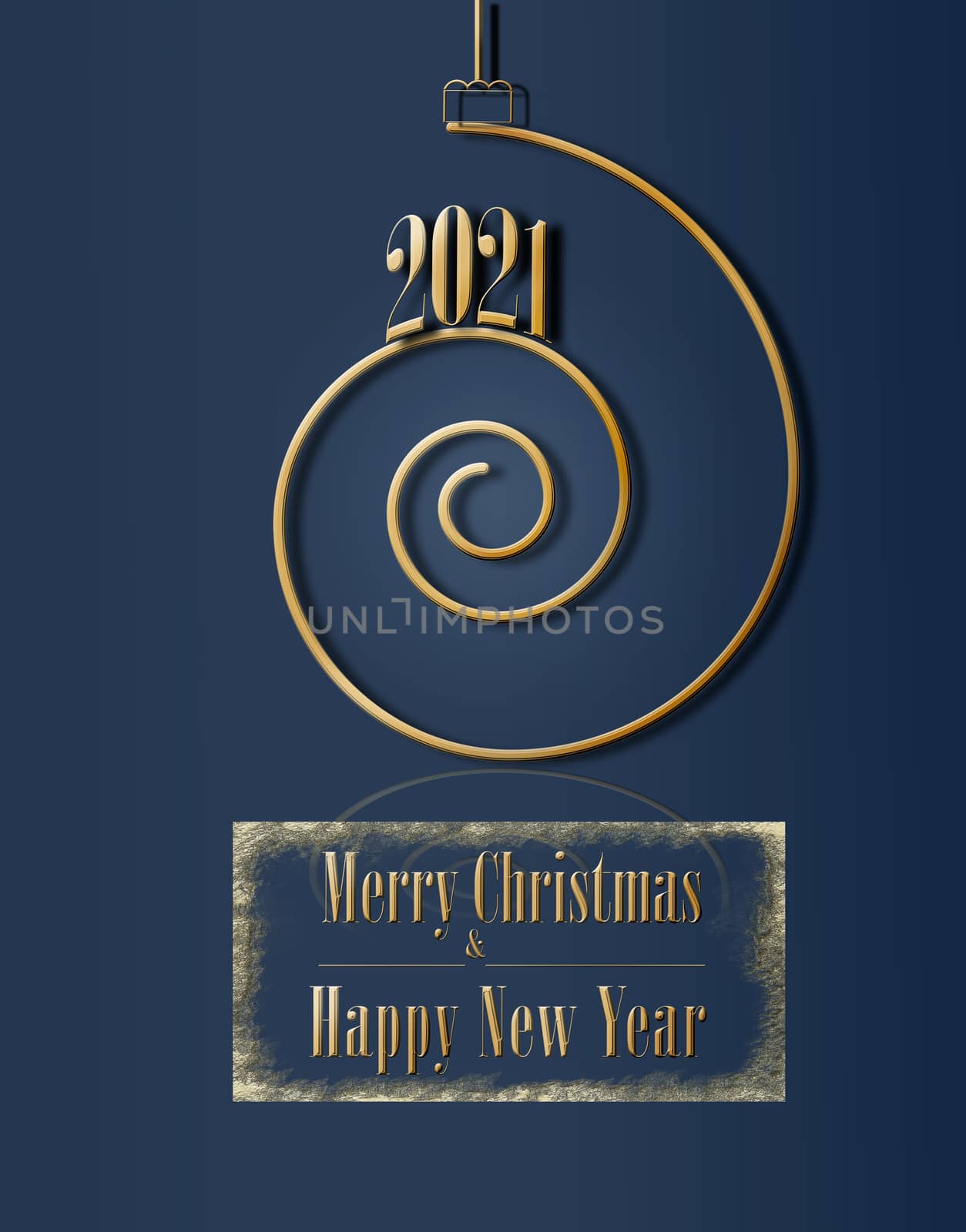 Luxury elegant minimalist 2021 Christmas greeting card. 3D illustration. Golden shiny glitter 2021 spiral on dark blue background, text Merry Christmas and Happy New Year. Mock up, banner, invitation.