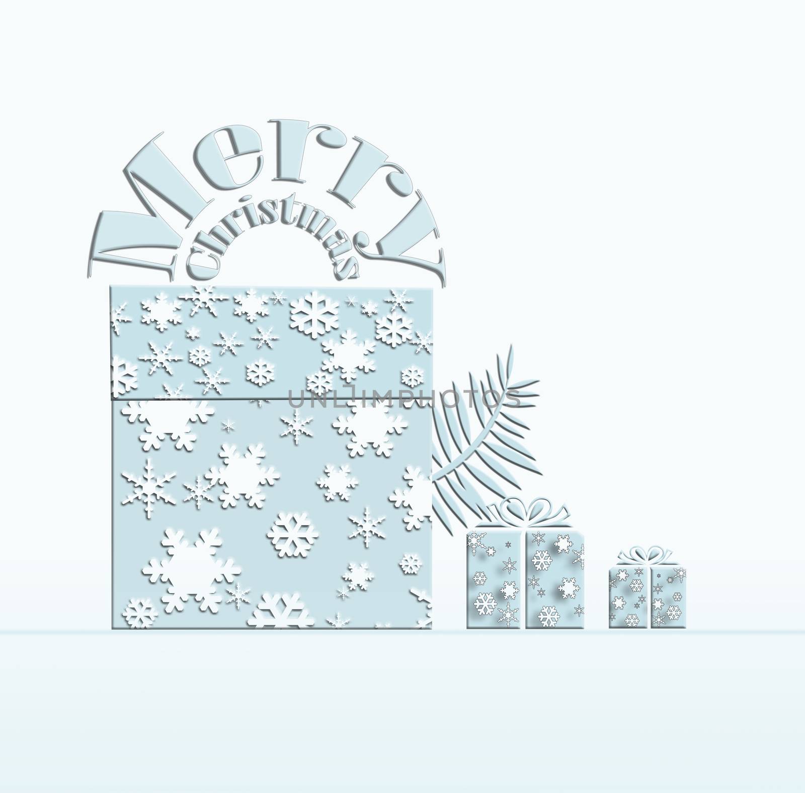 Trendy Pastel blue white winter background with gift boxes made of silver snowflakes and text Merry Christmas. Festive elegant pattern, chic holiday banner. Copy space. 3D illustration