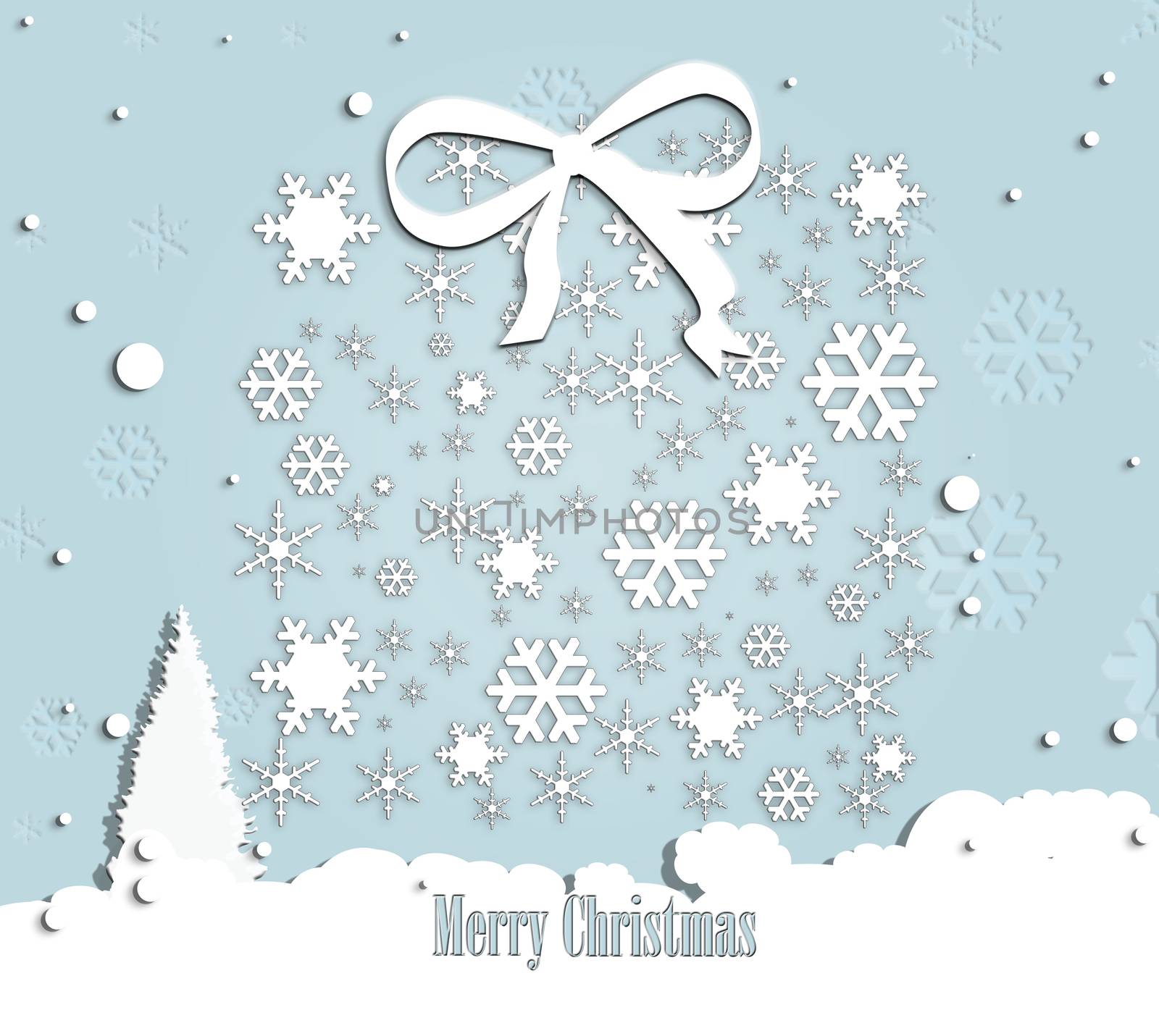 Blue Christmas background with snowflakes, snow and Christmas tree. Text Merry Christmas. Xmas elegant card. 3D illustration.