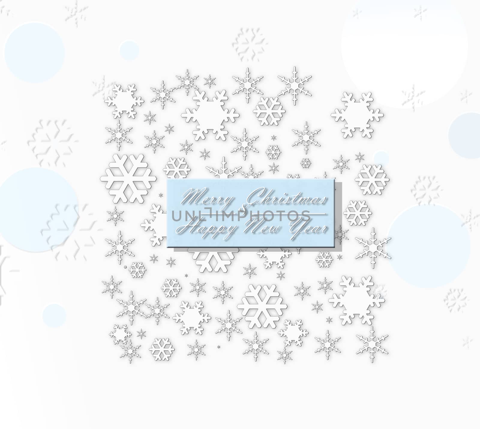 Merry christmas and happy new year silver snowflakes on white background. Elegant Greeting card, invitation, flyer. 3D illustration