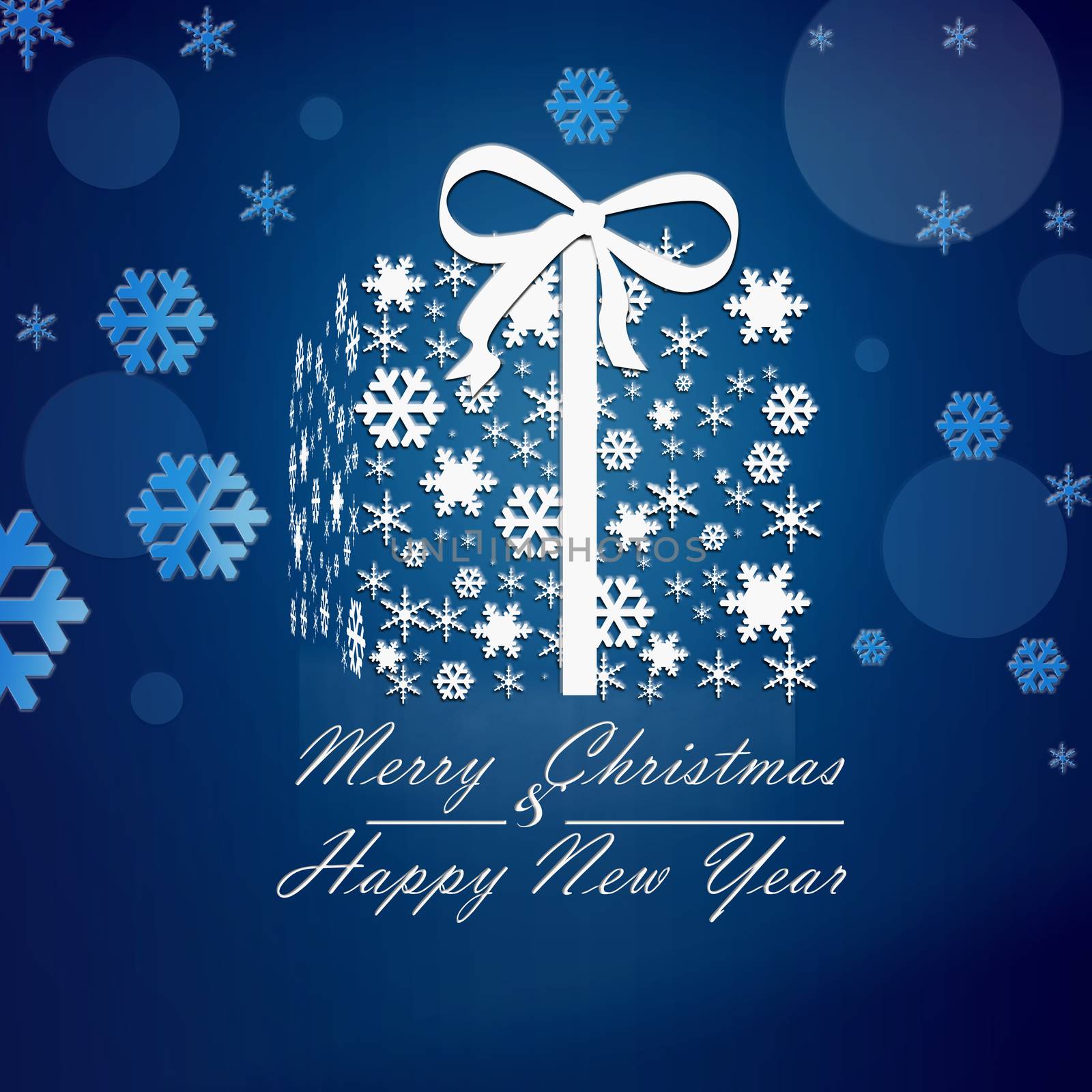 Christmas background for greeting card. White ornament with decoration of snowflakes in shape of gift box on dark blue background. Calligraphy Merry Christmas and Happy New Year. 3D illustration