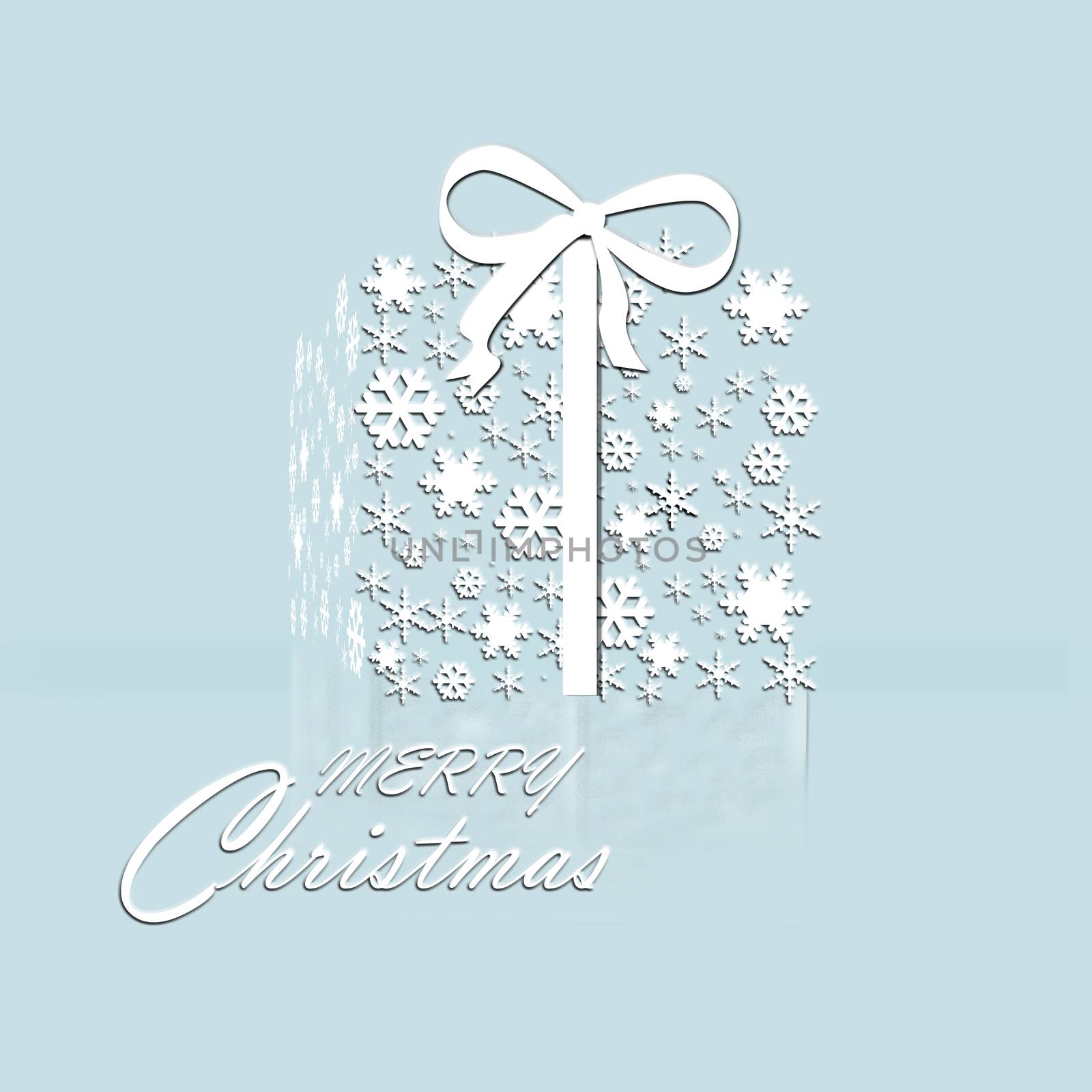 Premium luxury Christmas background for holiday greeting card. White decoration ornament with pattern of winter decoration snowflakes on blue background. Calligraphy Merry Christmas. 3D illustration
