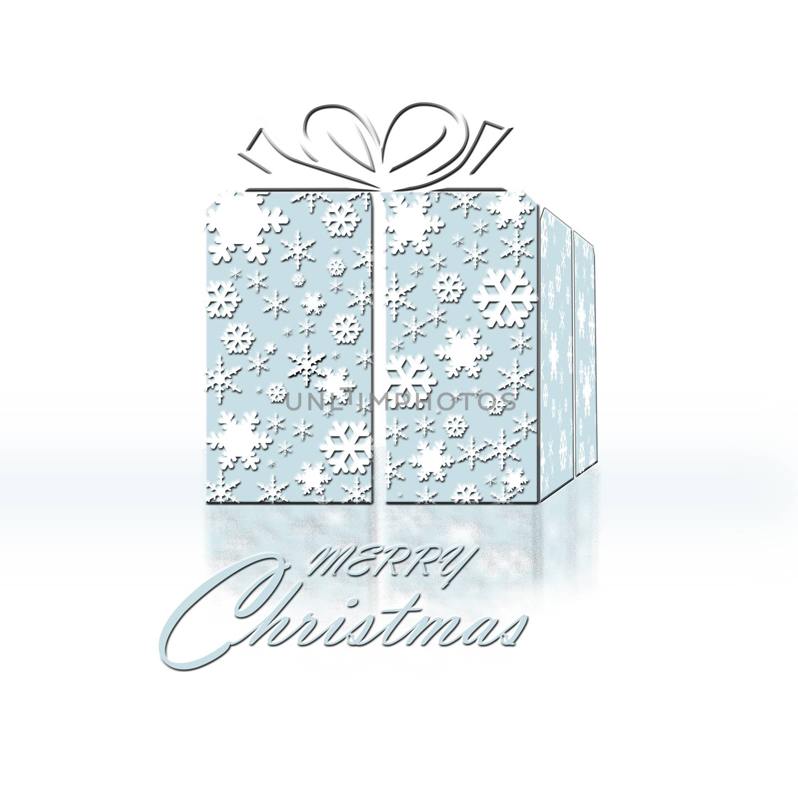 Elegant luxury Christmas background with abstract pastel light blue gift box made from snowflakes on white background with reflection. Text Merry Christmas. 3D illustration. Copy space, banner, poster