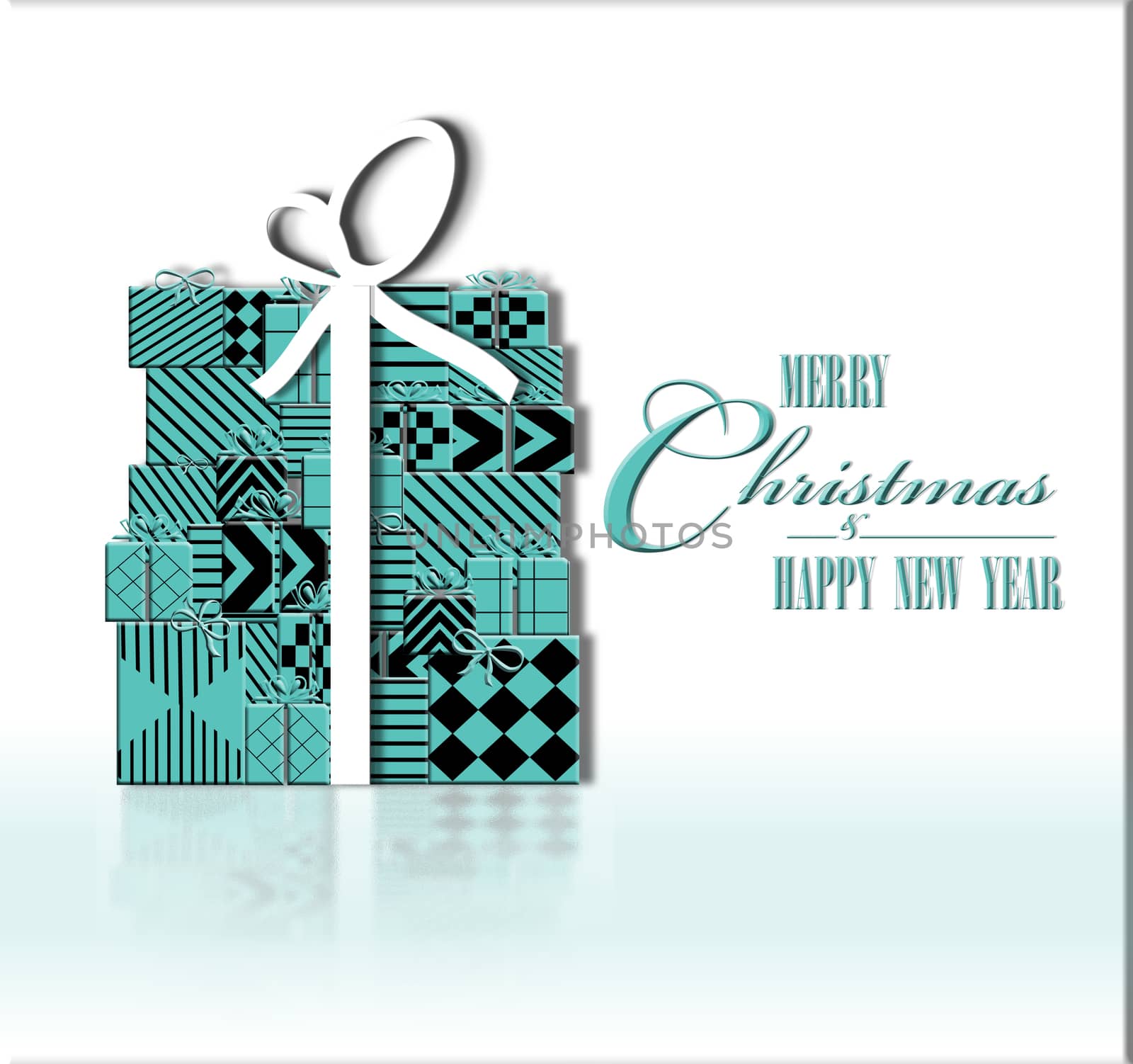 Elegant premium luxury Christmas background with collection of wrapped pastel turquoise blue gift boxes on white background. Text Merry Christmas and Happy New Year. 3D Illustration. Mock up, banner