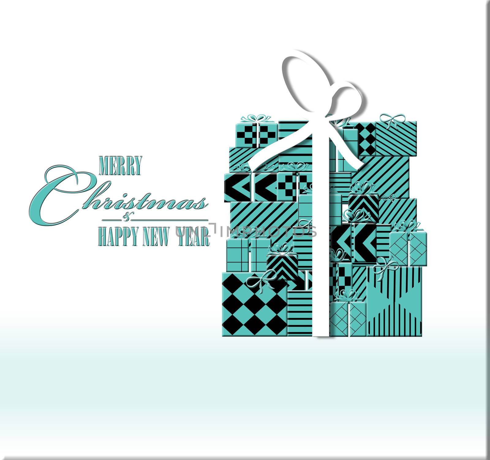 Art deco Merry Christmas card, Christmas present gift boxes and text in pastel trendy chic background in turquoise blue. 3D Illustration