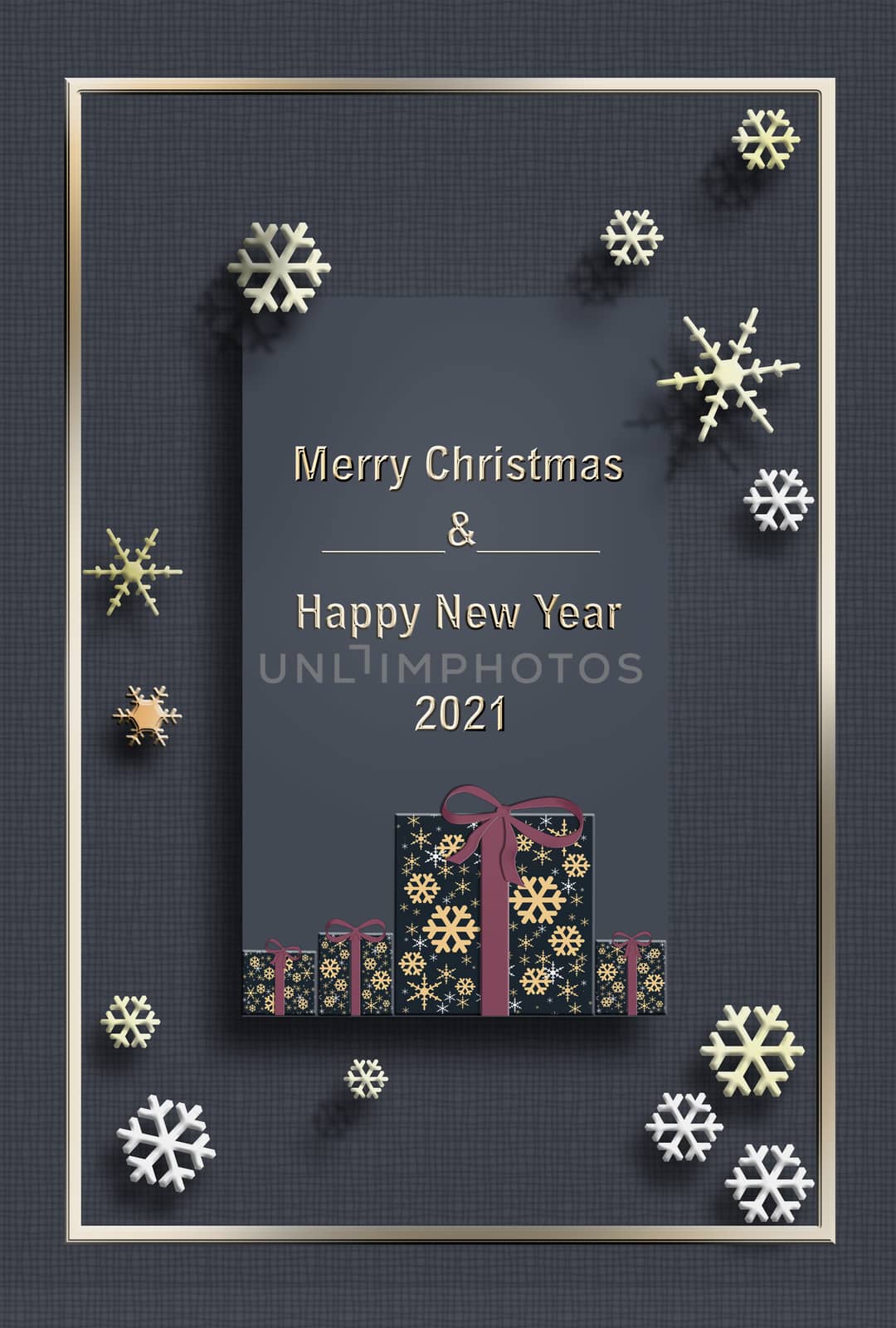 Stylish geometric Christmas banner. Trendy Xmas background design of 3D frame with gifts boxes, snowflakes. Vertical christmas, 2021 New Year poster, greeting card, header, website. 3D Illustration