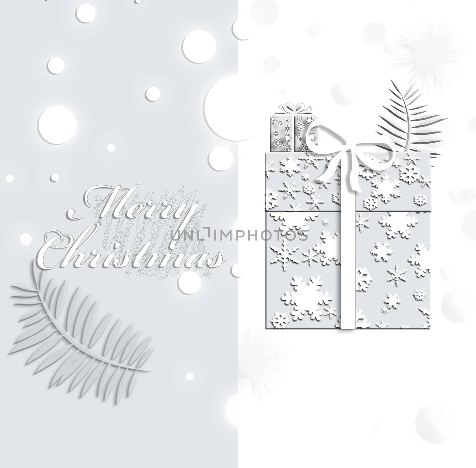 Christmas elegant grey background, presents, snow, palm leaf and text Merry Christmas. 3D Illustration. Poster, New Year greeting card, header, website.