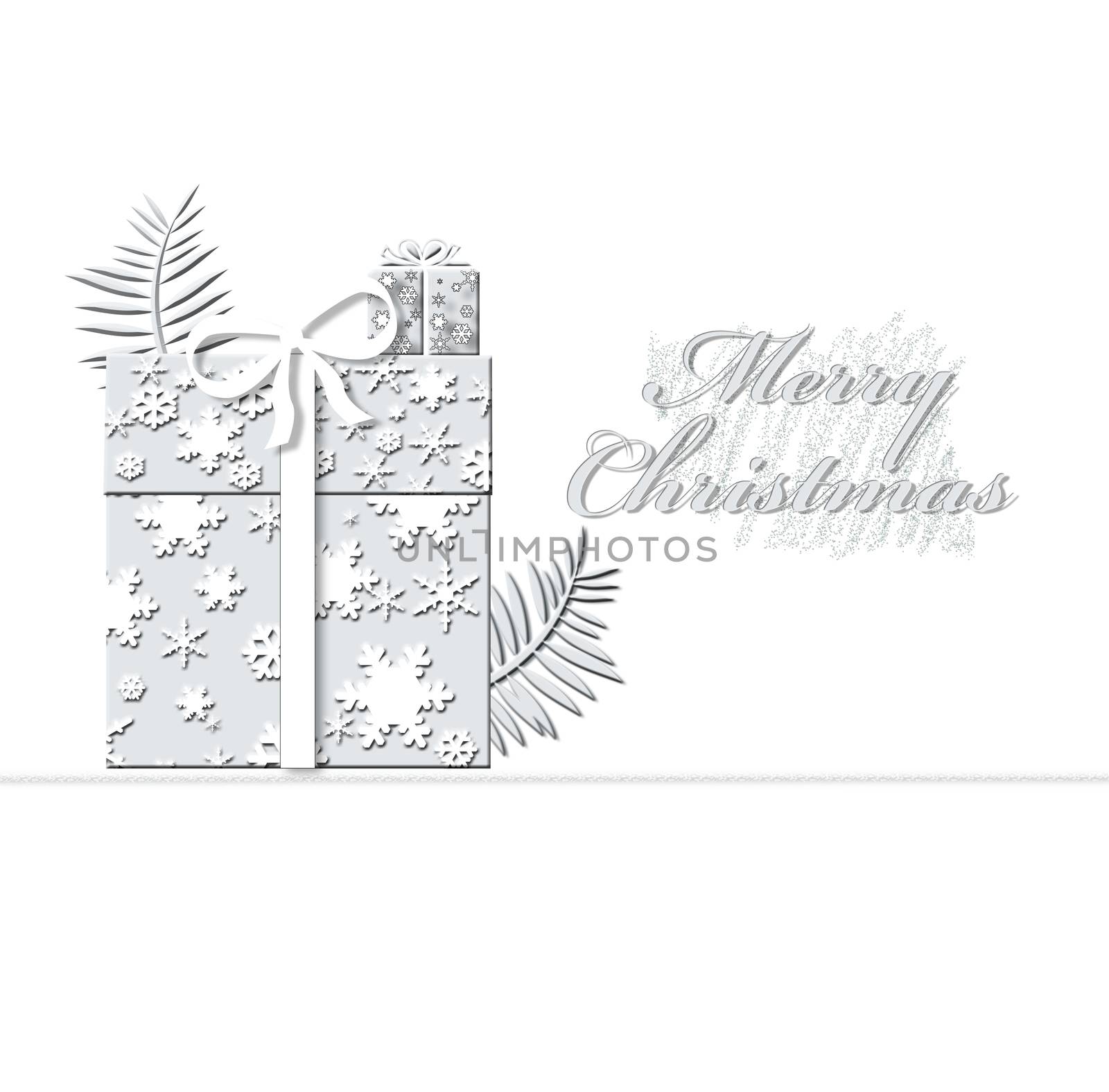 Elegant Christmas background with abstract gift boxes made from light grey snowflakes on white background. New Year luxury card. 3D illustration. Copy space