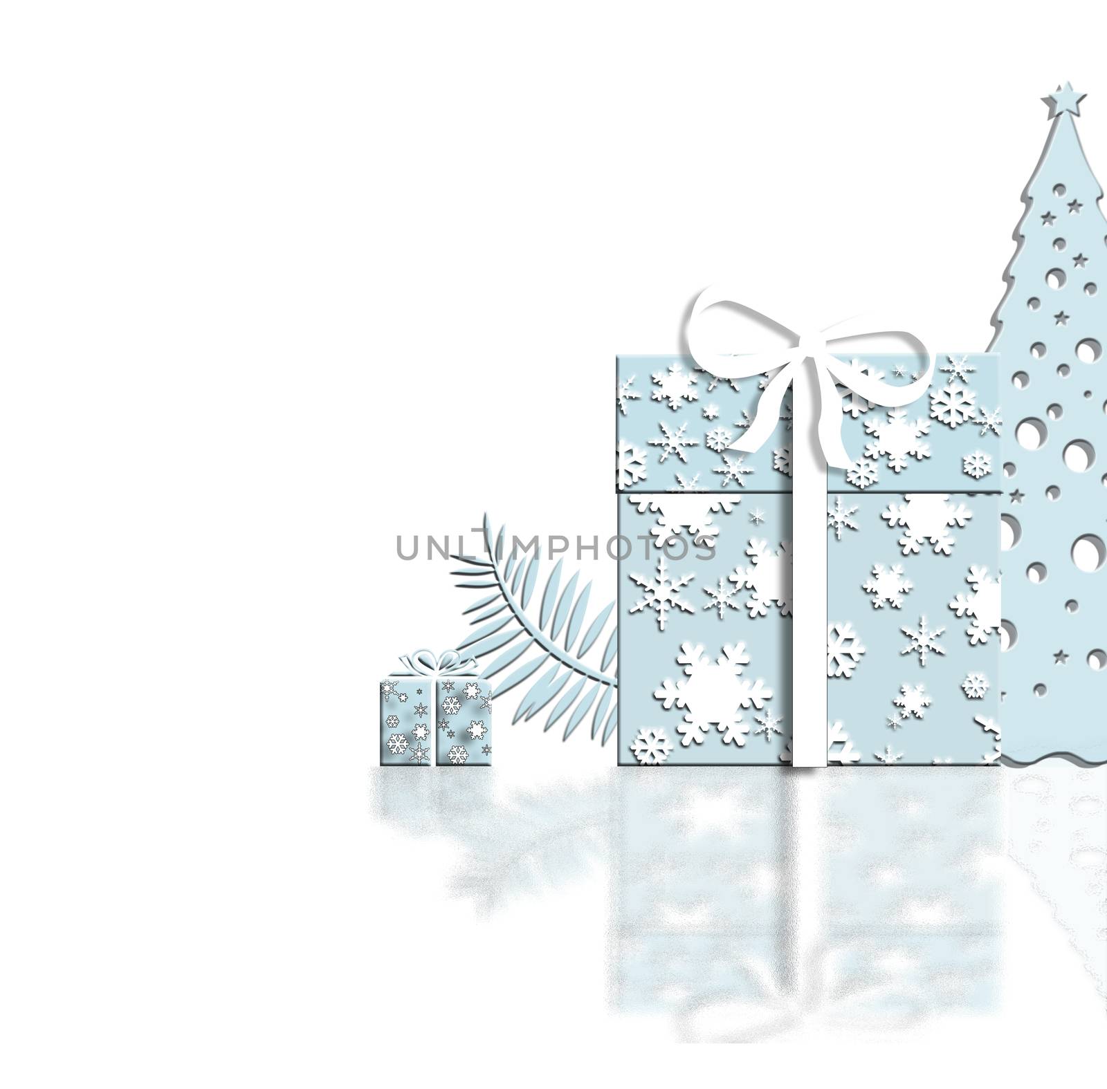 Elegant Christmas background with abstract gift boxes made from light blue snowflakes, Christmas tree on white background with reflection. New Year luxury card. 3D illustration. Copy space