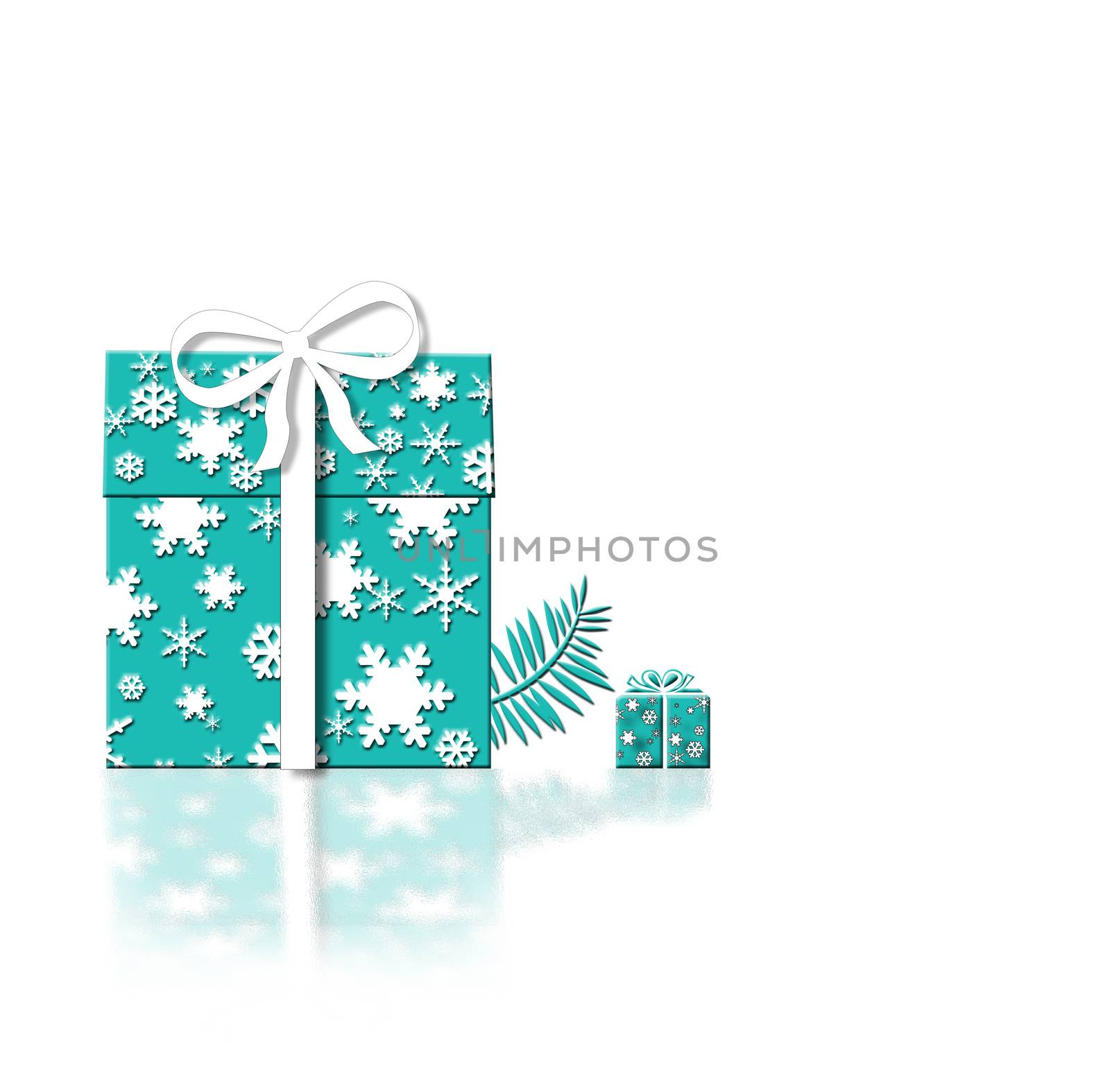 Luxury Christmas New Year greeting card concept. Tiffany blue gift boxes made of snowflakes on white background with reflection. 3D Illustration. copy space