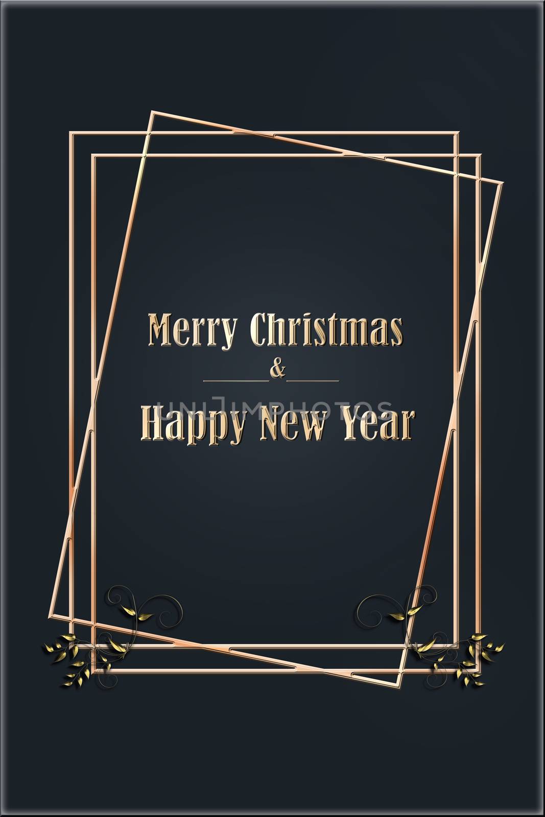 Luxury Christmas card in gold and black colors with frames. Text Merry Christmas and Happy New Year. Illustration, banner, mock up. Black Friday concept