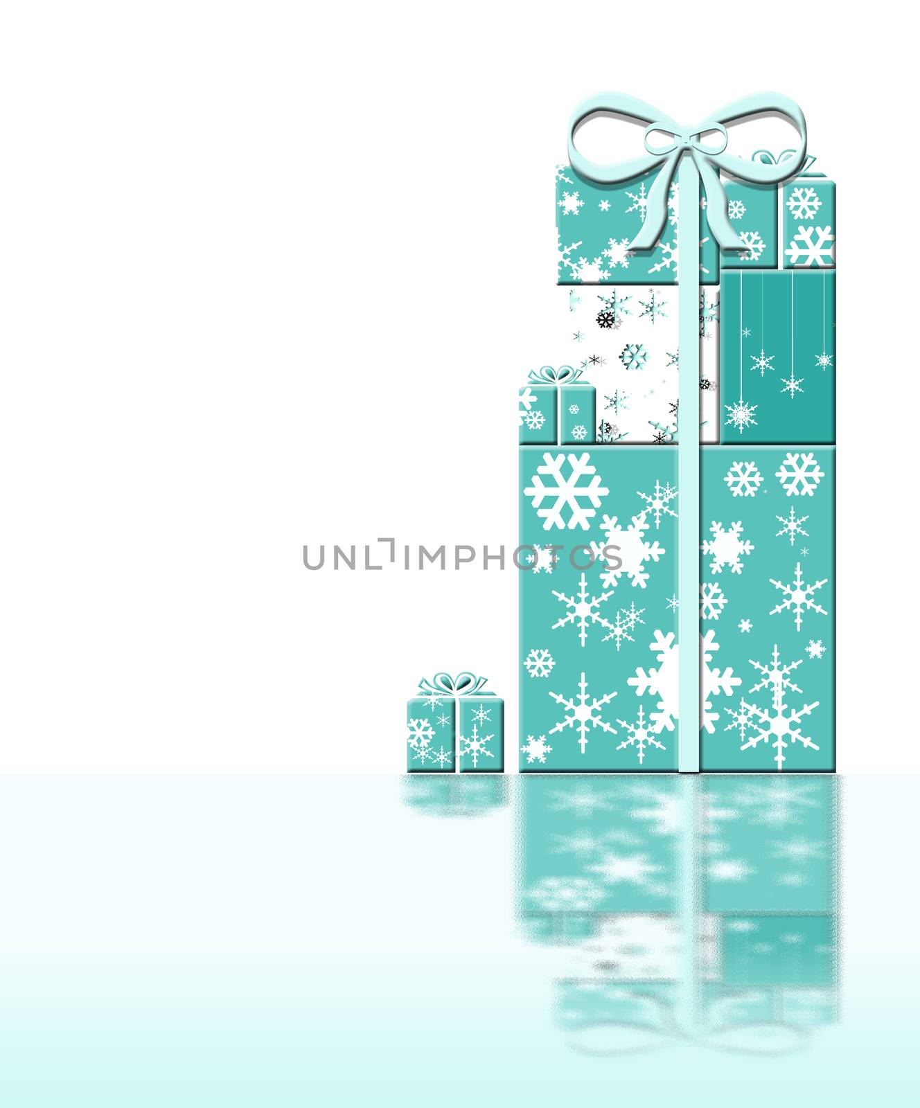 Luxury Christmas New Year greeting card concept. Tiffany blue gift boxes made of snowflakes on white background with reflection. 3D Illustration. copy space