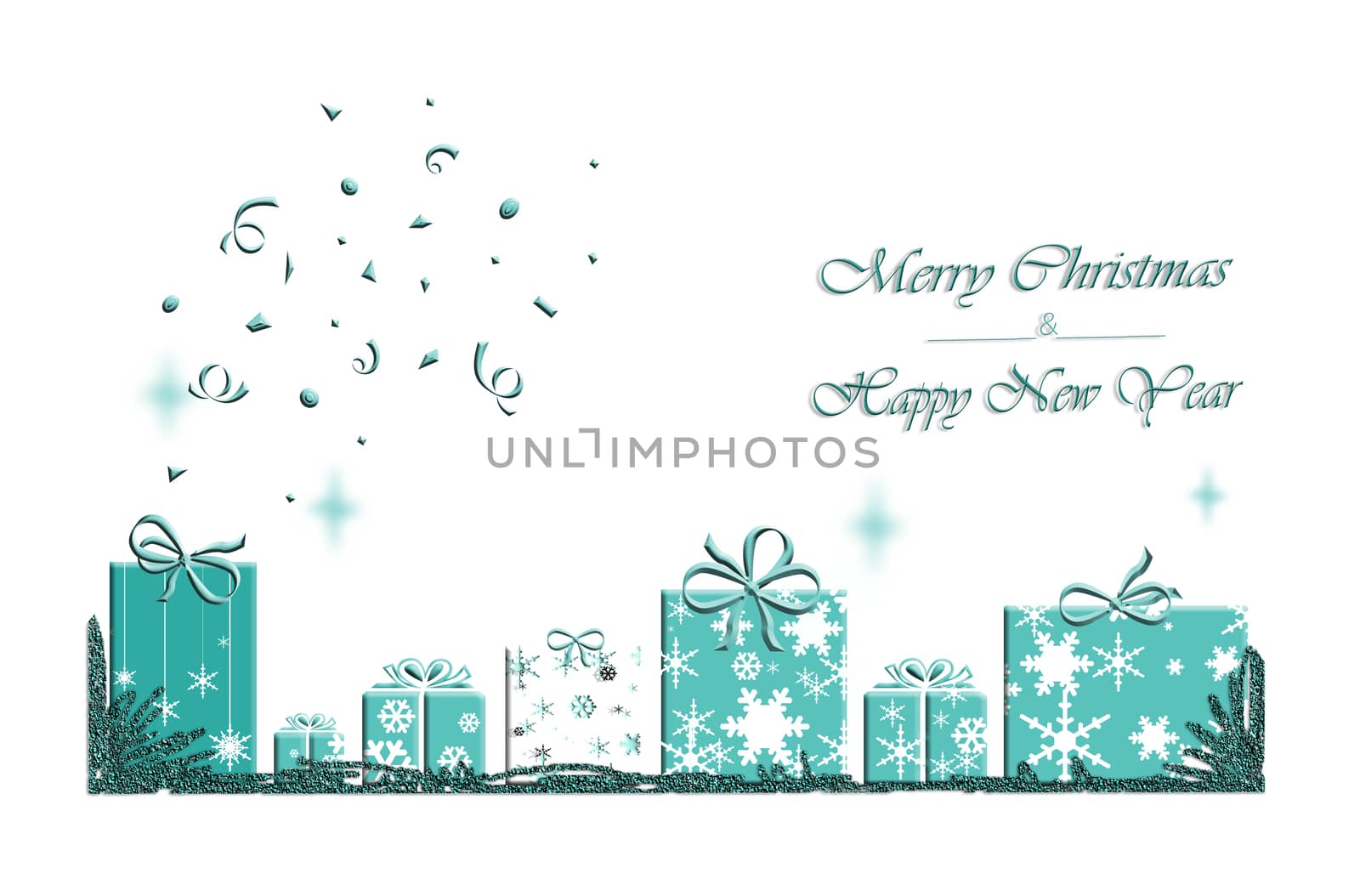 Luxury Christmas New Year greeting card concept. Tiffany blue words Merry Christmas and Happy New Year on white background. Abstract wrapped turquoise blue gift boxes with snowflakes. 3D Illustration
