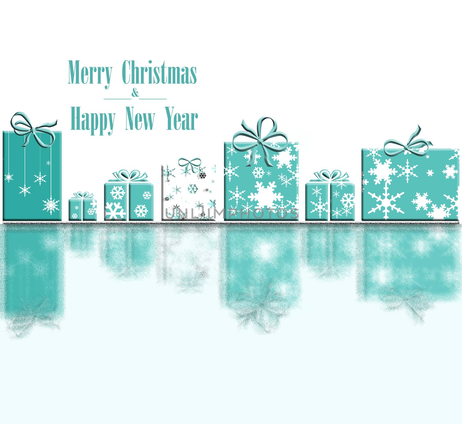 Luxury Christmas New Year greeting card concept. Tiffany blue words Merry Christmas and Happy New Year on white background with reflection. Abstract wrapped turquoise blue gift boxes. Illustration