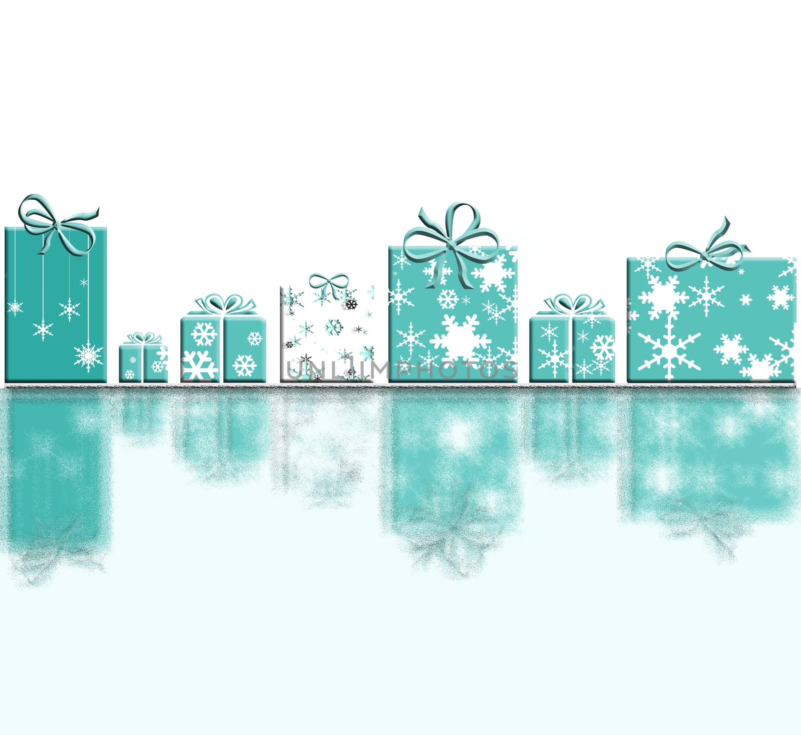 Elegant Christmas background with gift boxes made from snowflakes with reflection. Text Happy New Year 2021 and Merry Christmas in turquoise blue. 3D Illustration