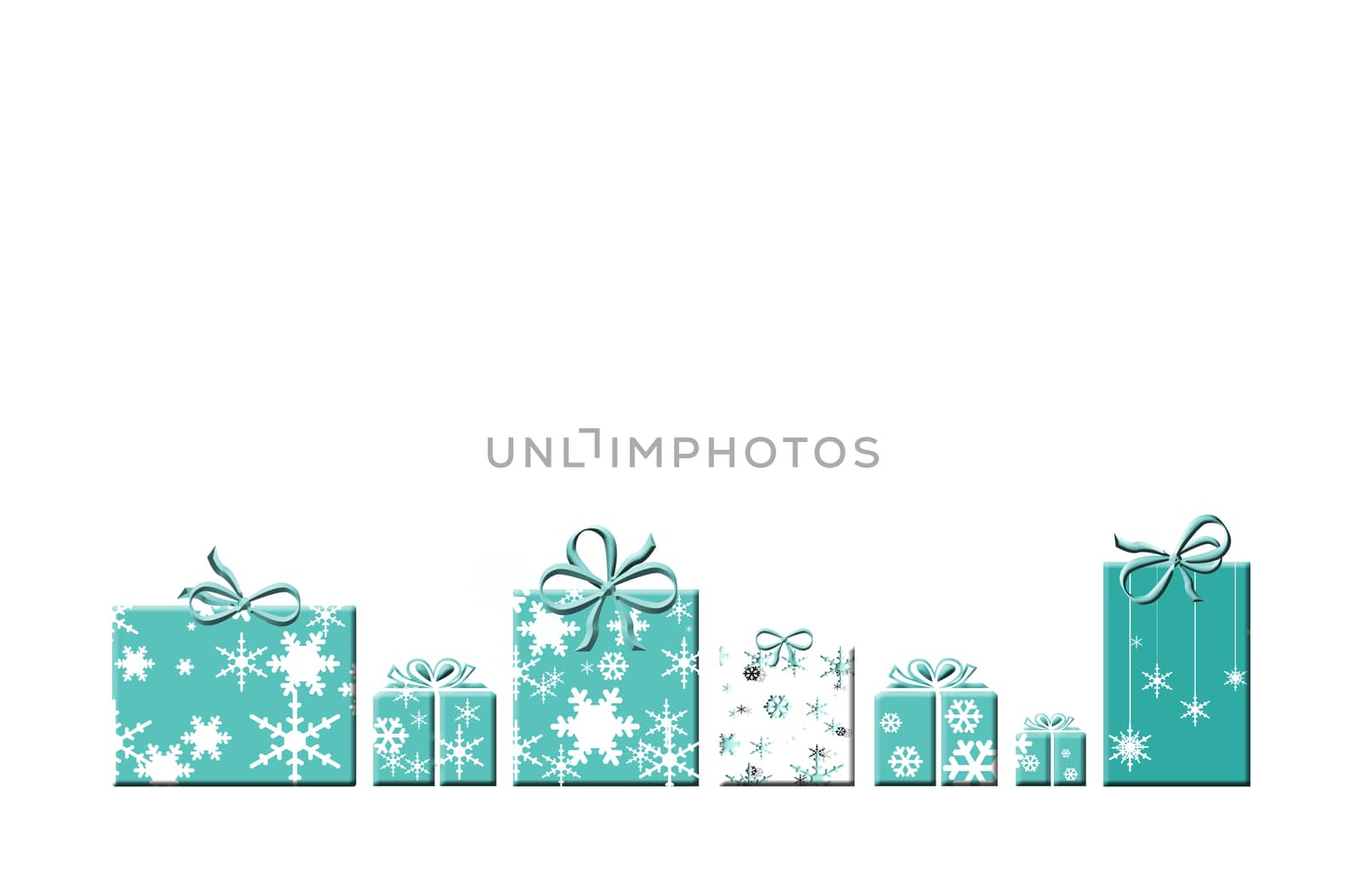 Luxury Christmas New Year greeting card. Tiffany blue words Merry Christmas and Happy New Year on white background. Abstract wrapped turquoise blue gift boxes, white snowflakes. 3D Illustration