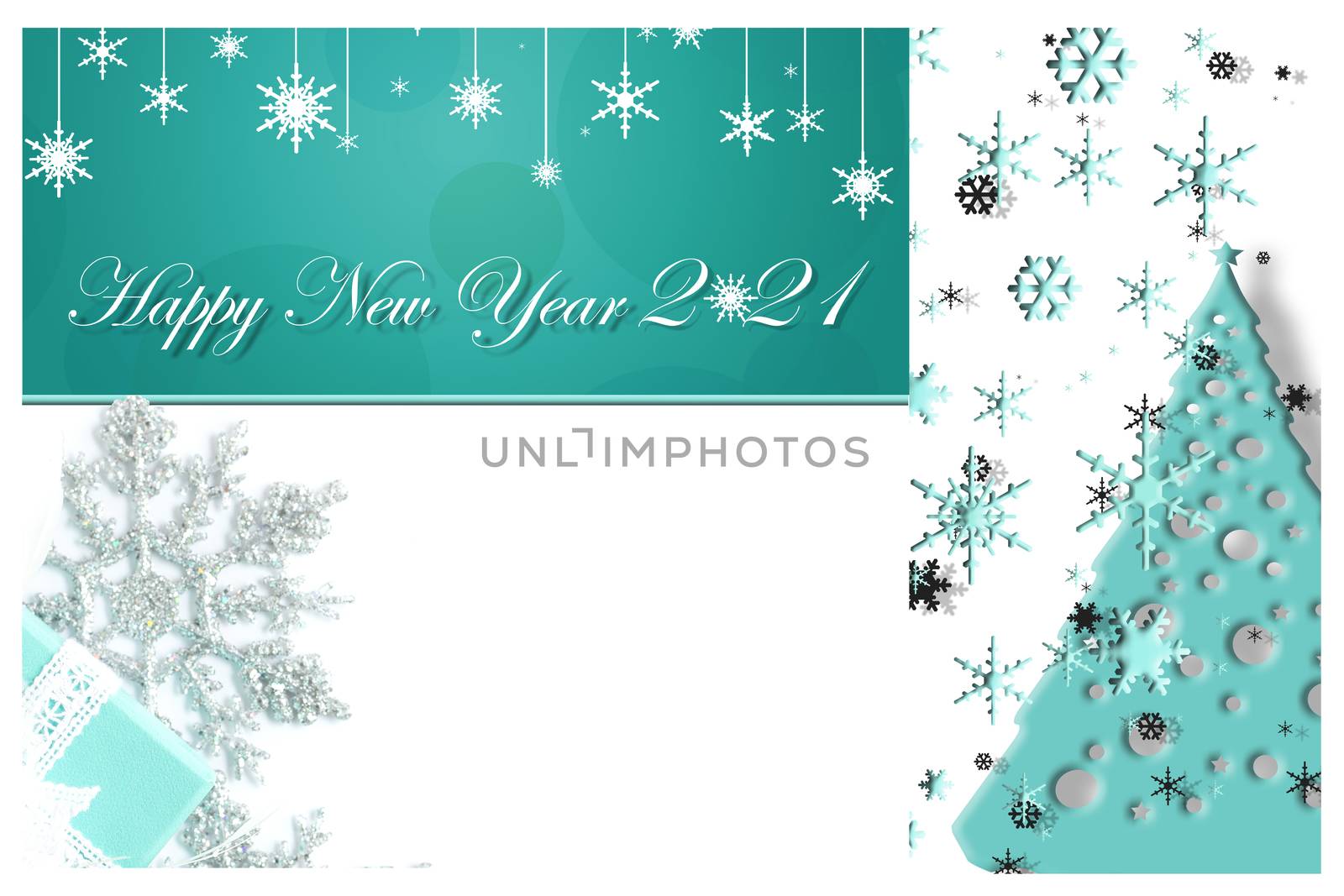 Christmas and New Year collage in turquoise blue colour. Snowflakes, Christmas tree, gift box on white background with text Happy New Year 2021. Christmas concept. Illustration, copy space, banner