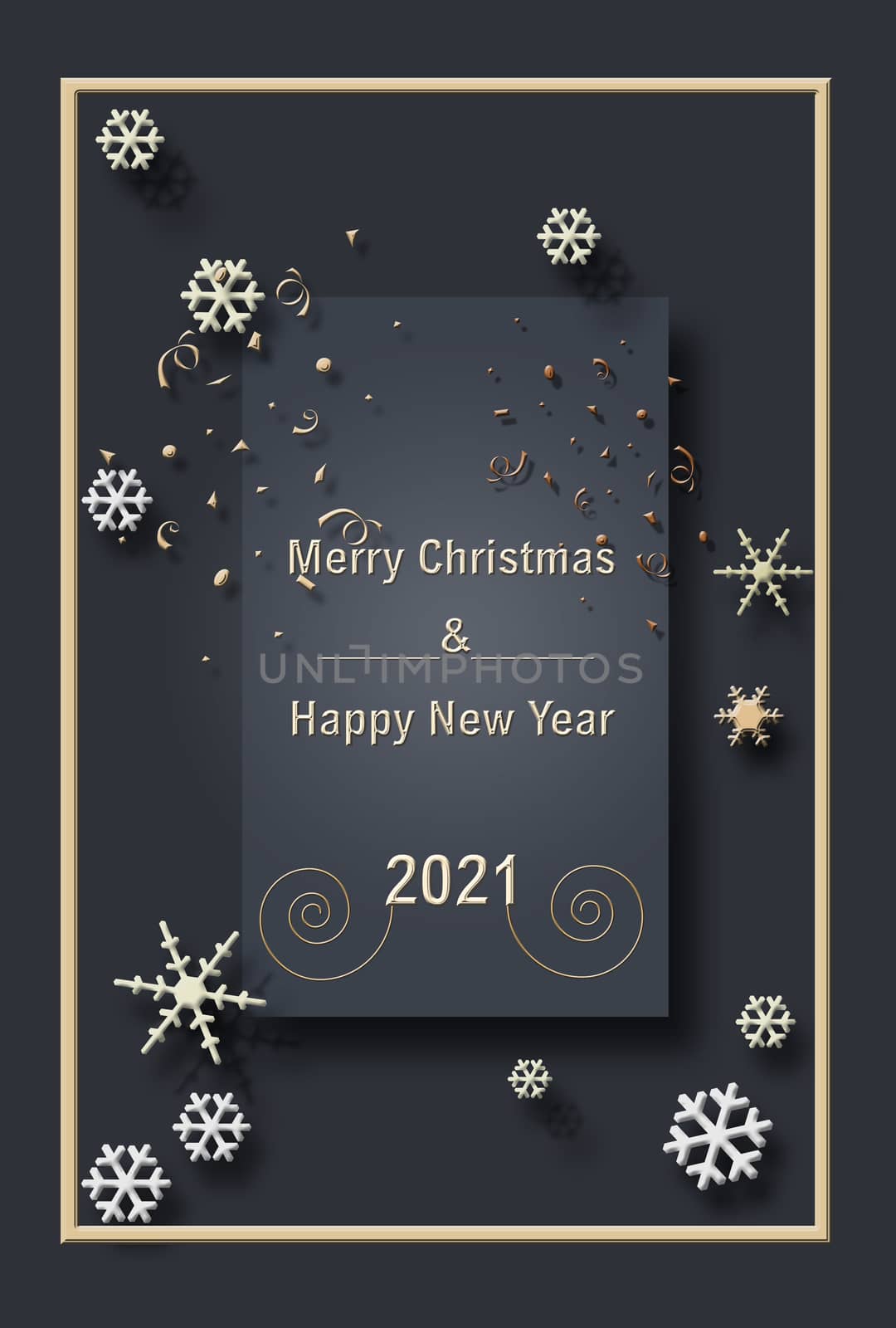 Luxury Elegant Merry Christmas and 2021 Happy New Year Poster Template with Shining Gold Snowflakes on grey black 3D background. Snowflake frame and sparkles. Illustration.