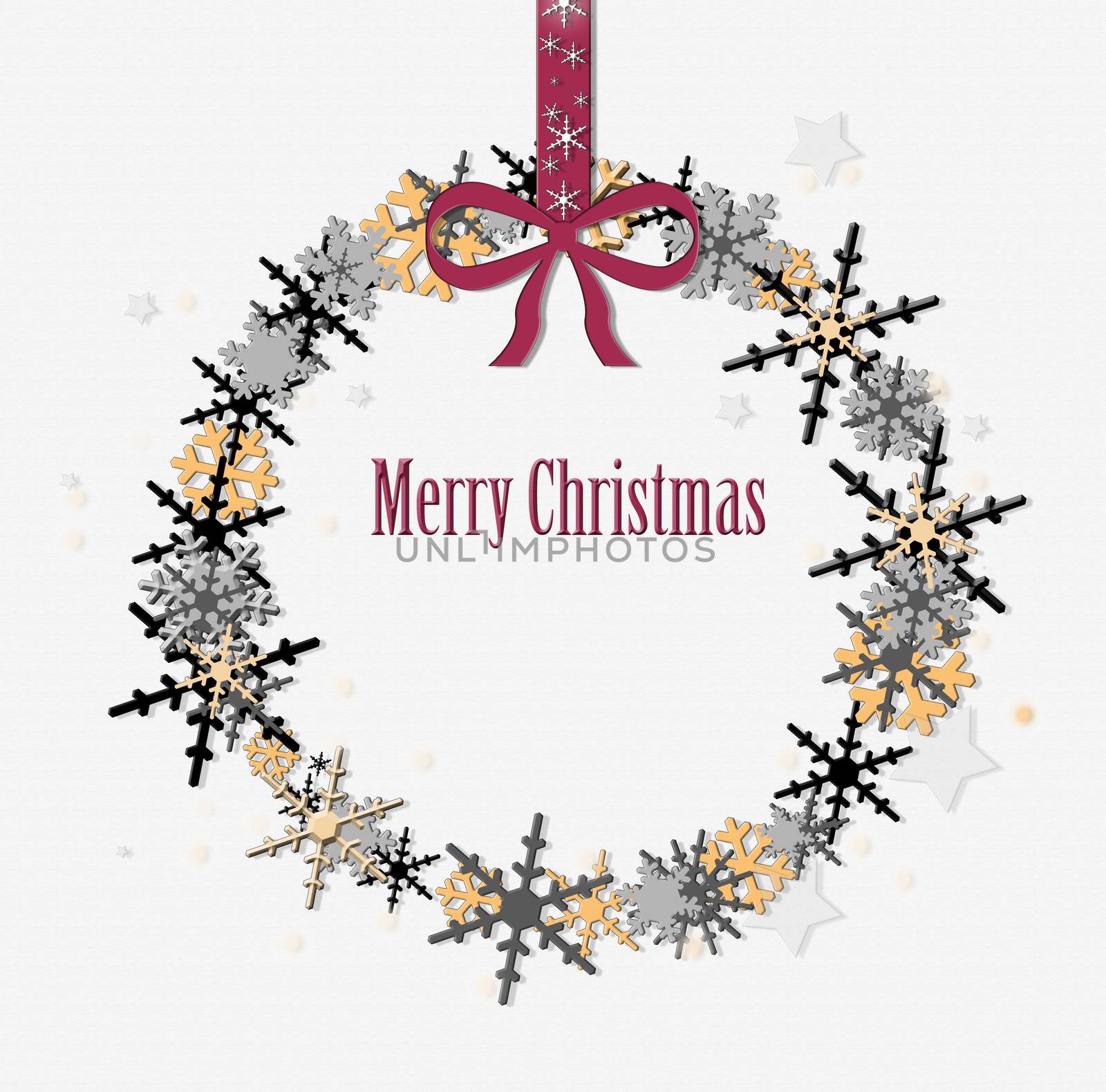 Merry Christmas text with golden, black and silver snowflakes in wreath shape. Merry Christmas luxury greeting card. Illustration