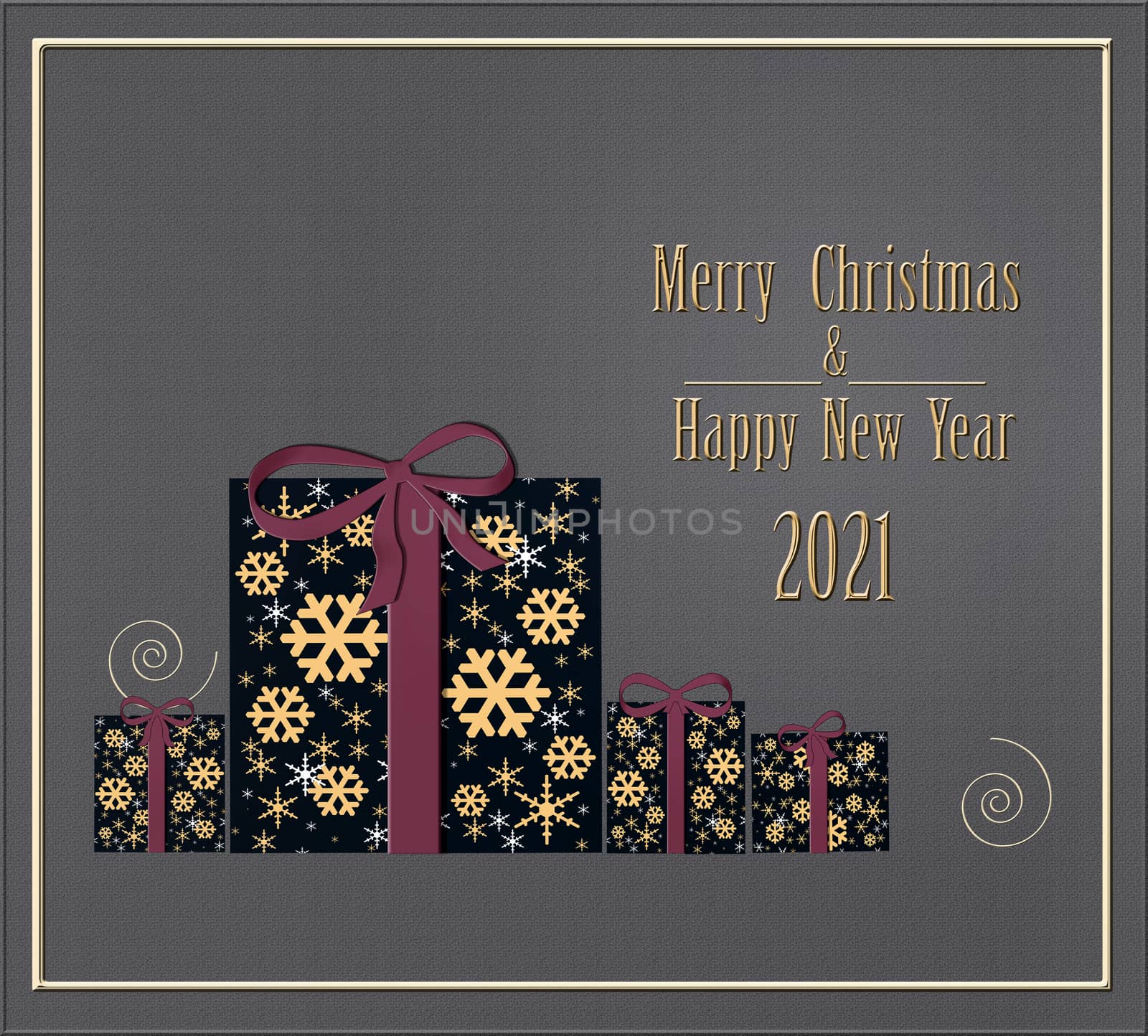 Luxury Christmas greeting card concept with gold words Merry Christmas and 2021 Happy New Year. Abstract wrapped gift box with golden snowflakes. Illustration
