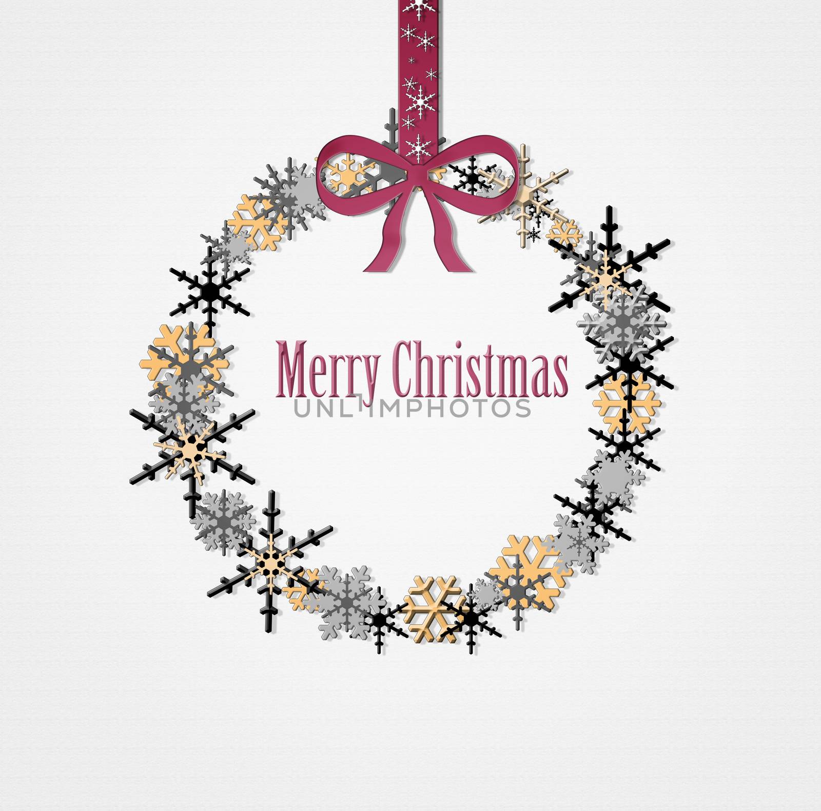 Merry Christmas lettering with golden, black and silver snowflakes in wreath shape. Merry Christmas luxury greeting card. Illustration